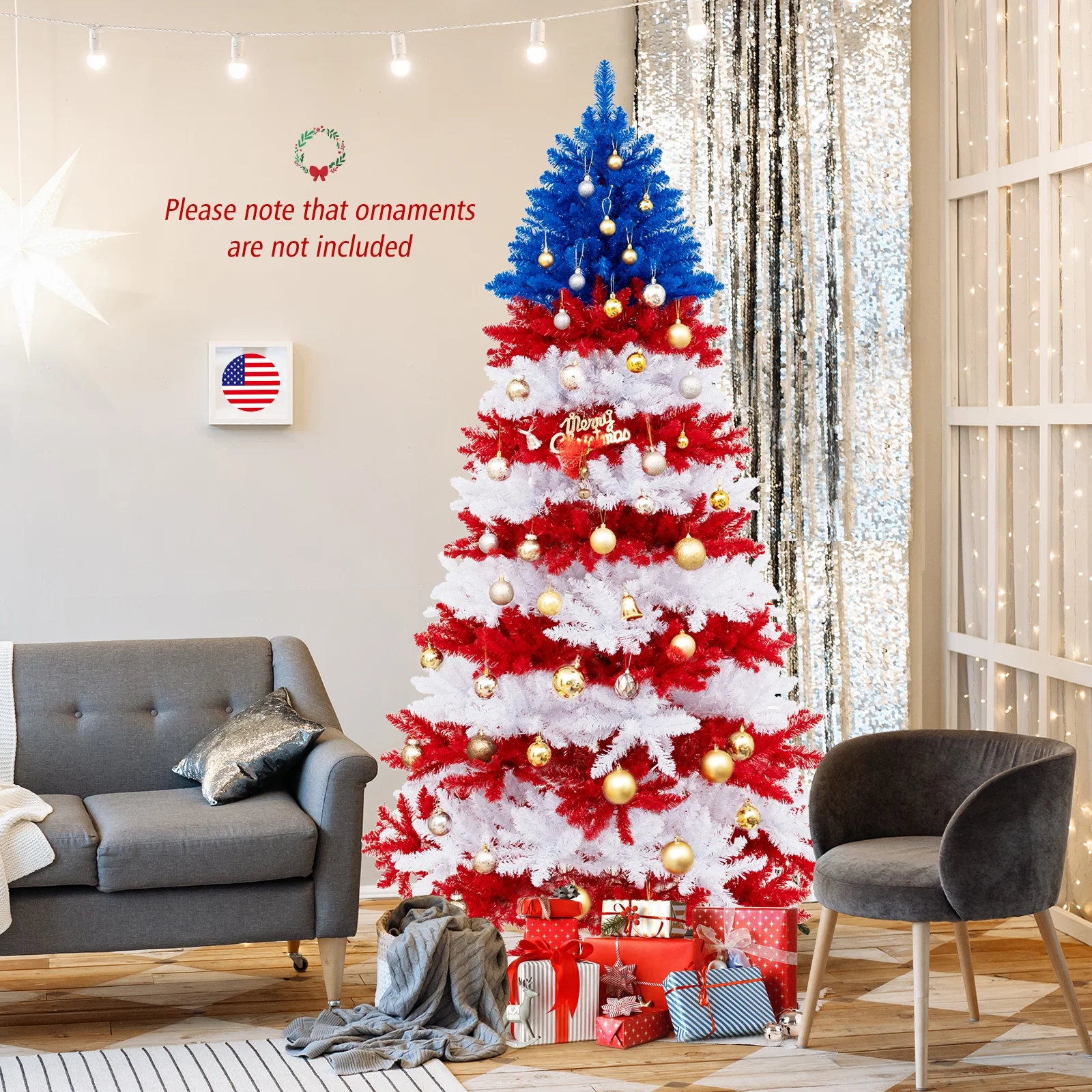 7.5 FT Patriotic Pre-Lit Artificial Christmas Tree with 1341 Branch Tips 480 Lights - Image 5