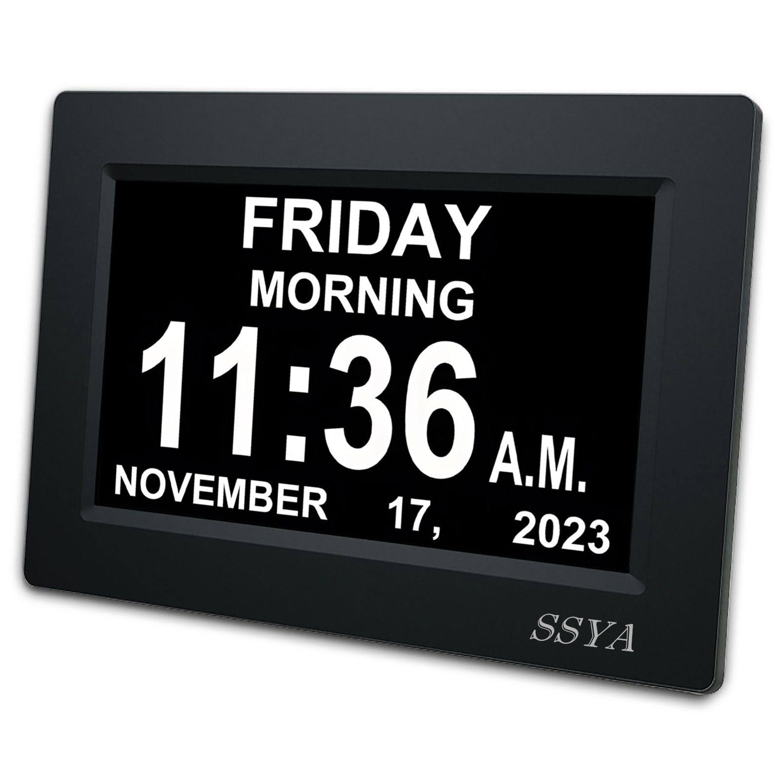SSYA [Newest version] 7 inch Calendar Clock - 12 Alarm Options, Level 5 Auto Dimmable Display,Extra Large Impaired Vision Digital Clock with Non-