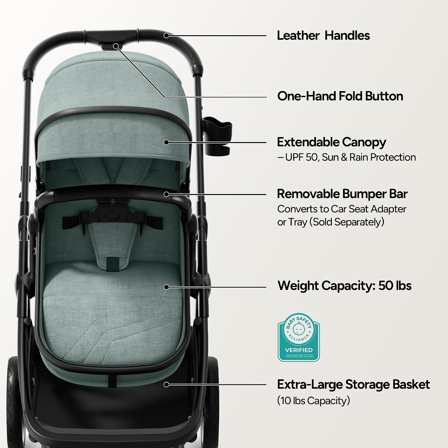 Mompush Wiz 2-in-1 Bassinet Stroller Reversible Seat, One-Hand Fold, Sage