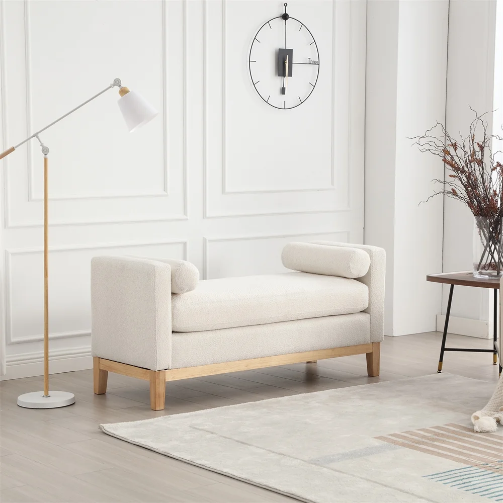 53 5"W Elegant Upholstered Bench with Wood Legs Round Pillows,Comfy Boucle Fabric Footrest with Arms, Entryway Bench for End of Bed, Bedroom and Living Room, Ivory(Ivory) Image 4