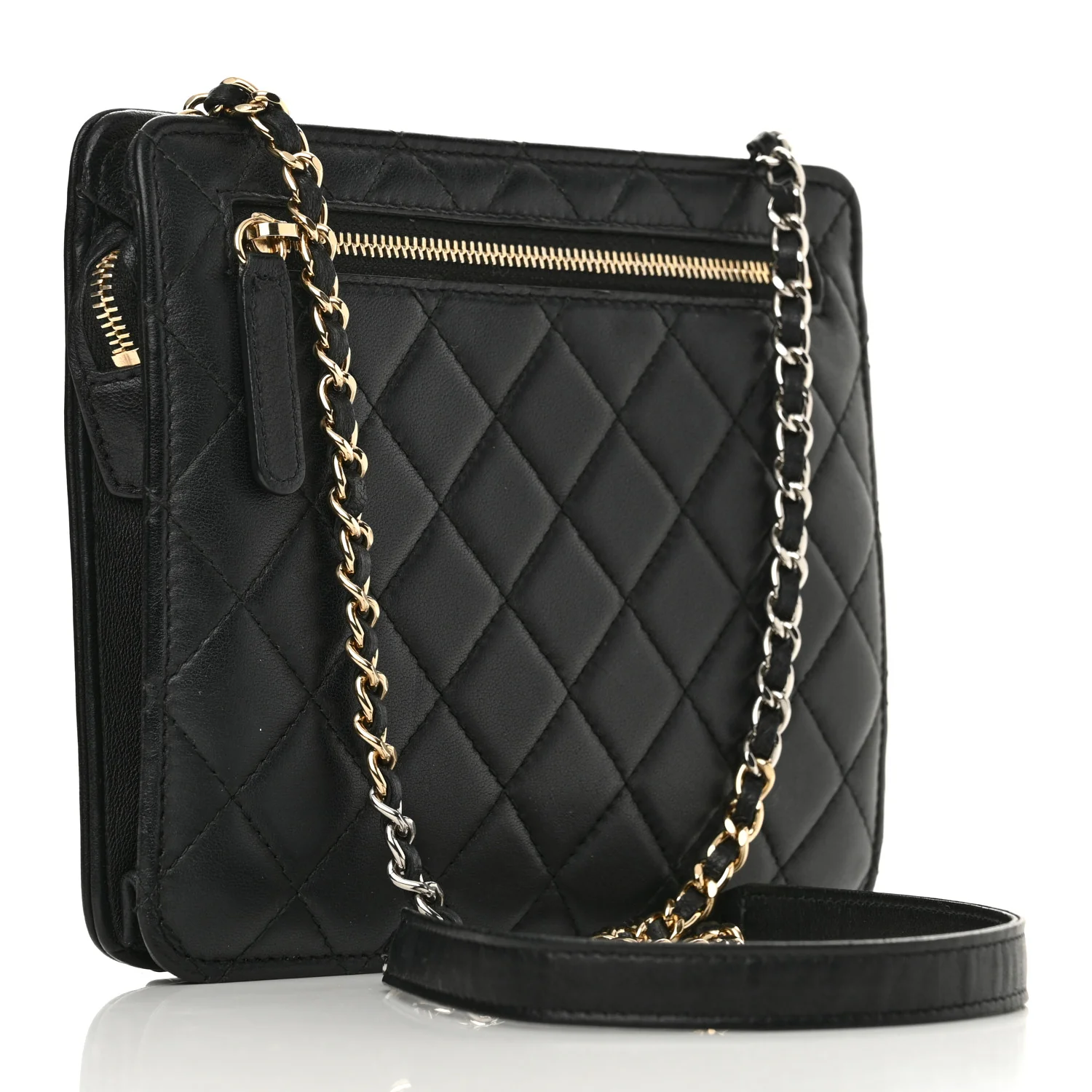 Lambskin Quilted Square Front Pocket Clutch With Chain Black