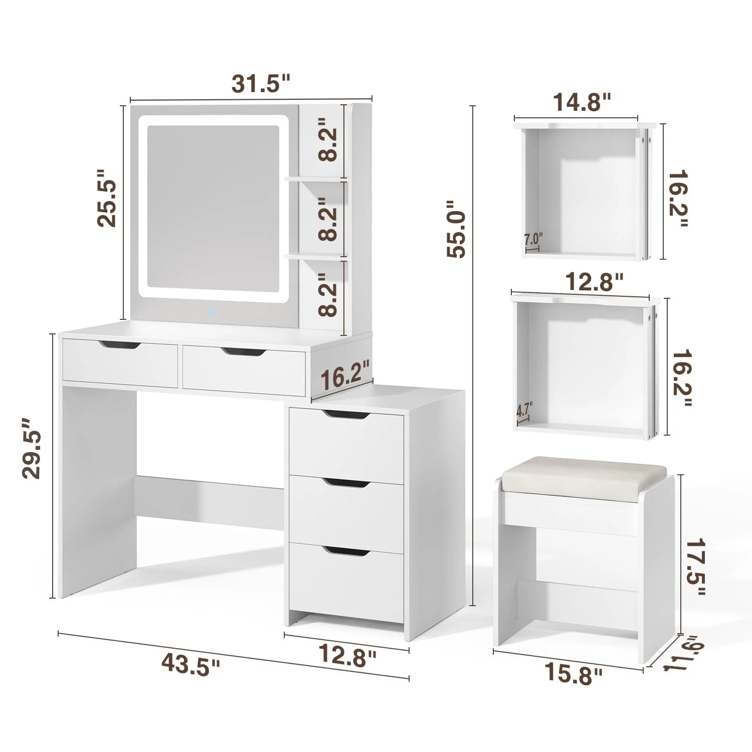 Bedroom Furniture Set Includes Queen Bed Frame, Nightstands Set of 2, 5-Drawer Dresser Vanity Desk Modern Storage Solution for Stylish Home Decor, Beige/White - Image 8