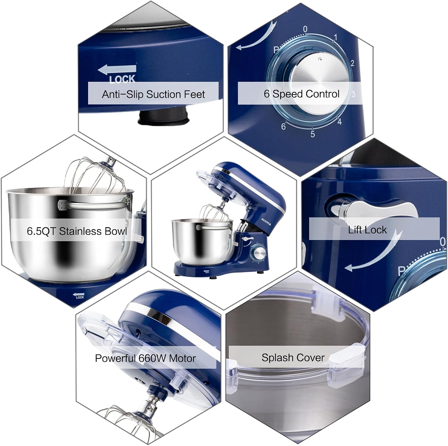 Aucma Stand Mixer, 6.5-QT 660W 6-Speed Tilt-Head Food Mixer, Kitchen Electric Mixer with Dough Hook, Wire Whip & Beater (Royal Blue, 6.5QT)