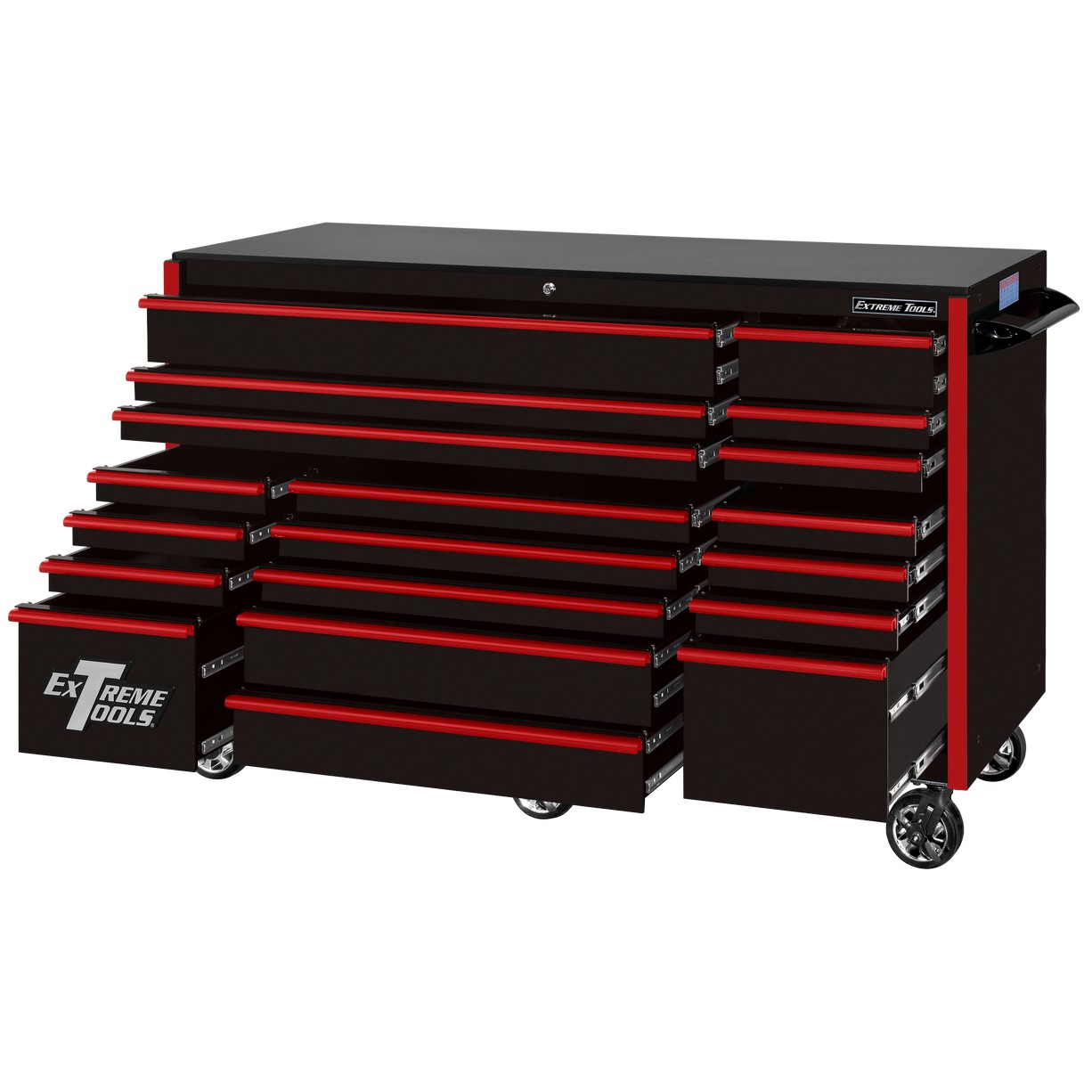 Servante d'atelier à roulettes Extreme Tools 72″ x 30″, 19 tiroirs avec glissières de 113 kg (250 lb), série RX 250