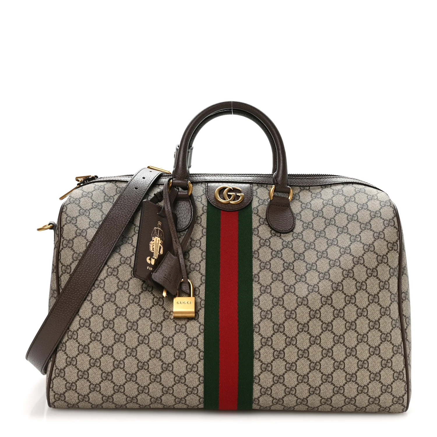 GG Supreme Monogram Textured Dollar Calfskin Web Medium Savoy Duffle Bag Beige Dark Brown