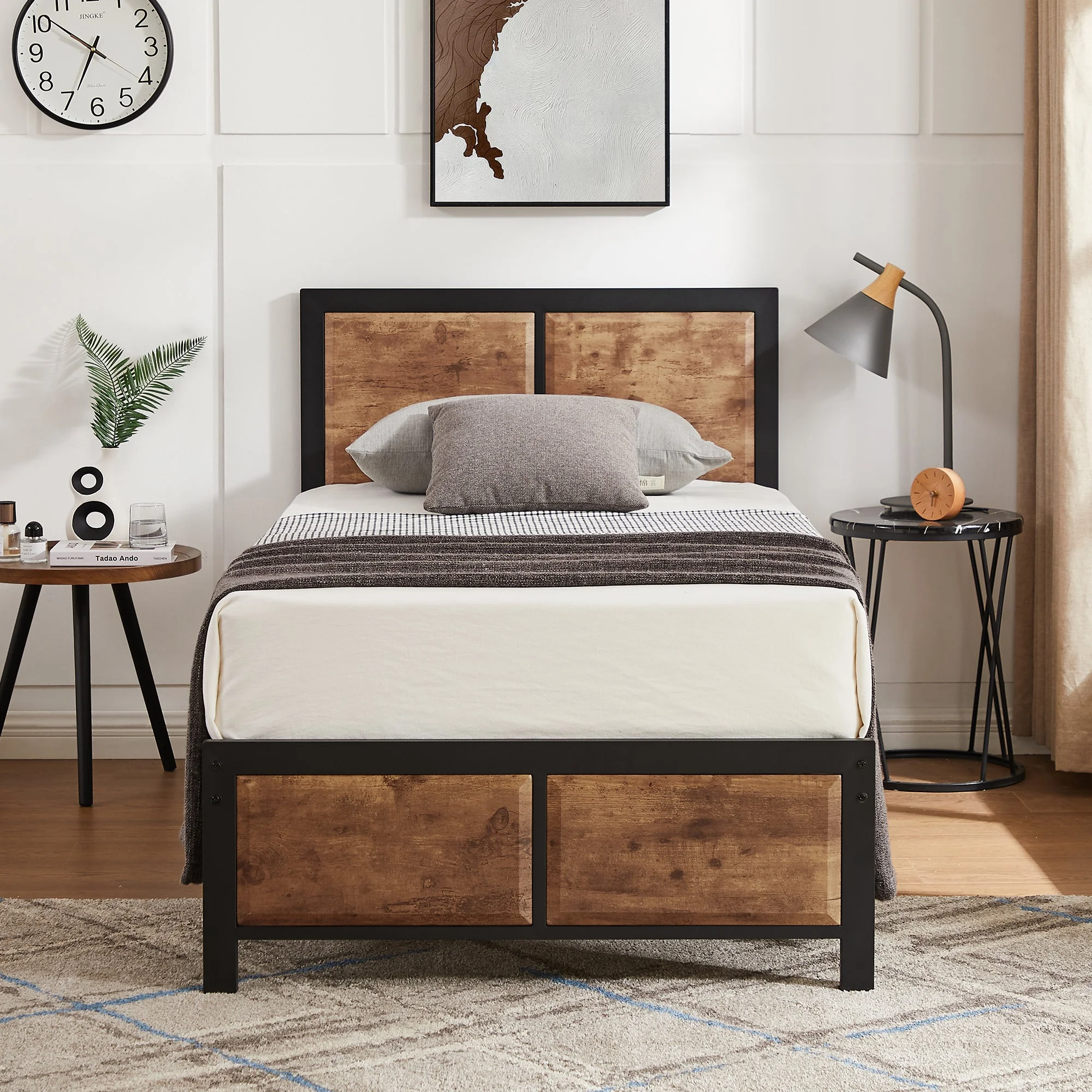 3-Piece Bedroom Set with Twin Size Bed Frame and 1-Drawer Black Nightstands(Twin/Black Nightstands) - Image 5