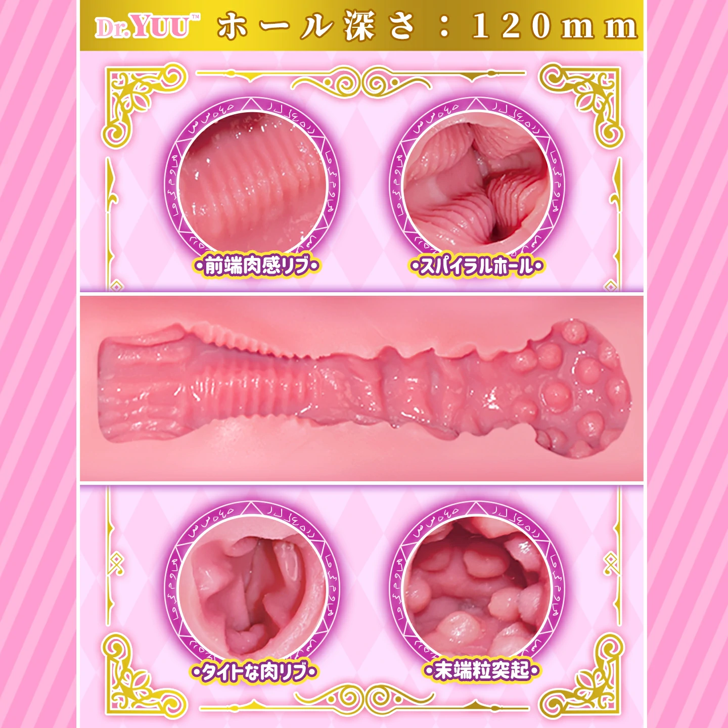 Dr.YUU 伸縮魔女ヒップの内部構造。ホール深さ120mm、前端肉感リブ、スパイラルホール、末端粒突起を紹介
