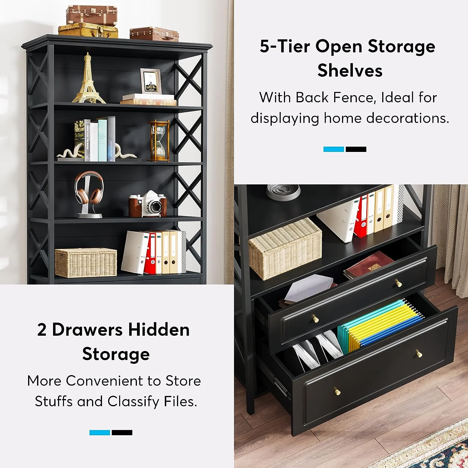 5-Tier Bookcase, 31.50 x 14.17 x 71.65 in(Black) - Image 5