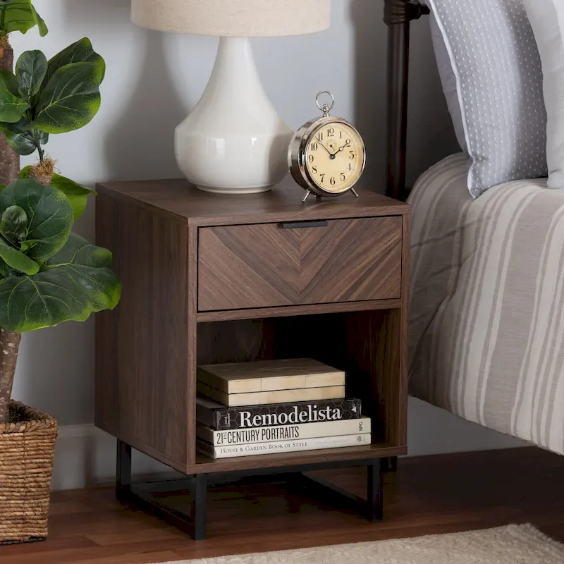 Sadia Contemporary Walnut Brown Wood and Black Metal 1-Drawer Side Table