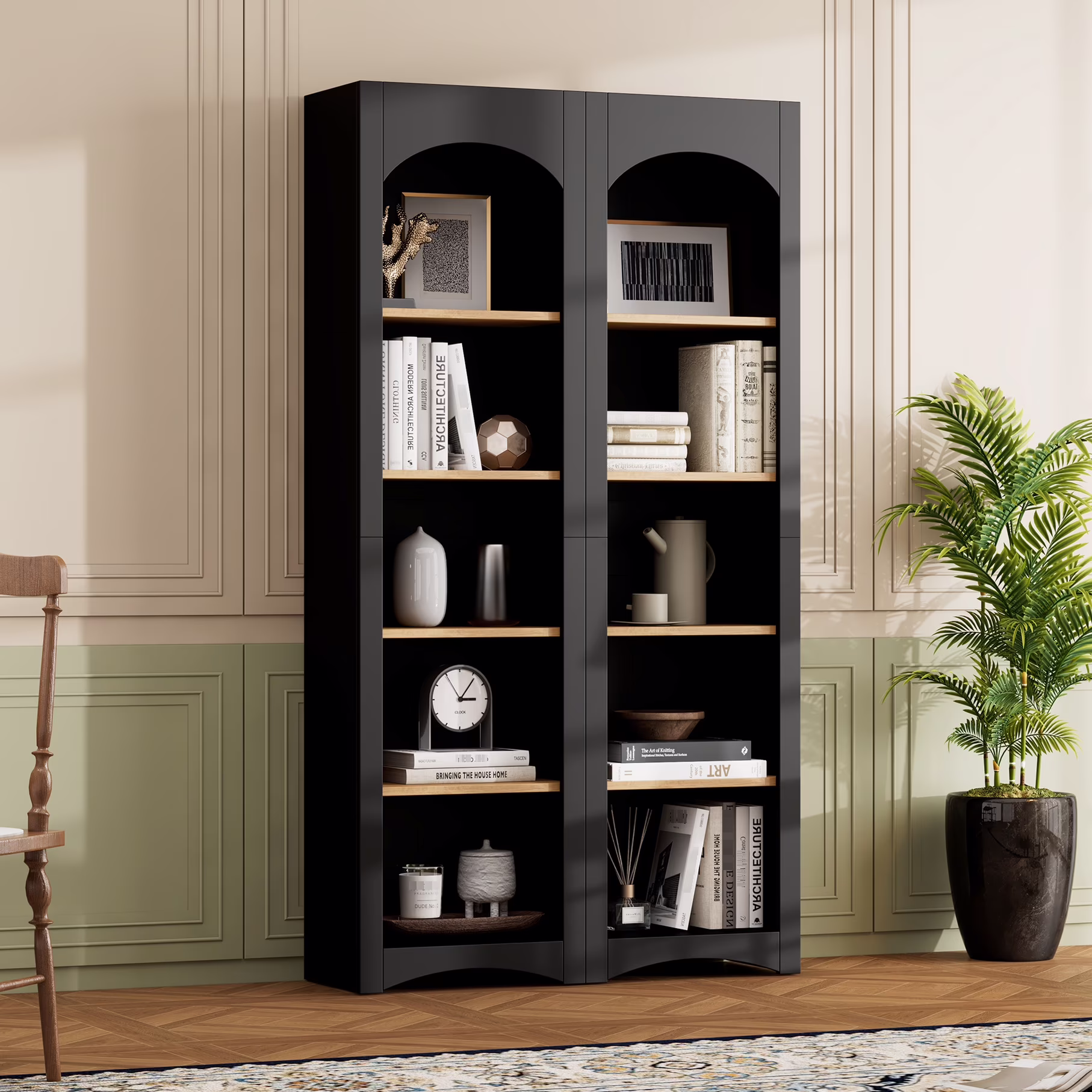 72"h Pantry Pair, 2 , Adjustable Shelves, , Black Finish 2 Bookcase , Cabinet With Vintage Style(Black)