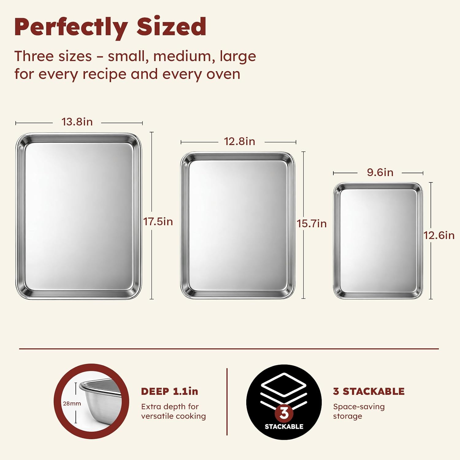 % Baking Sheet Set of 3: Stainless Steel Cookie Sheets for Baking