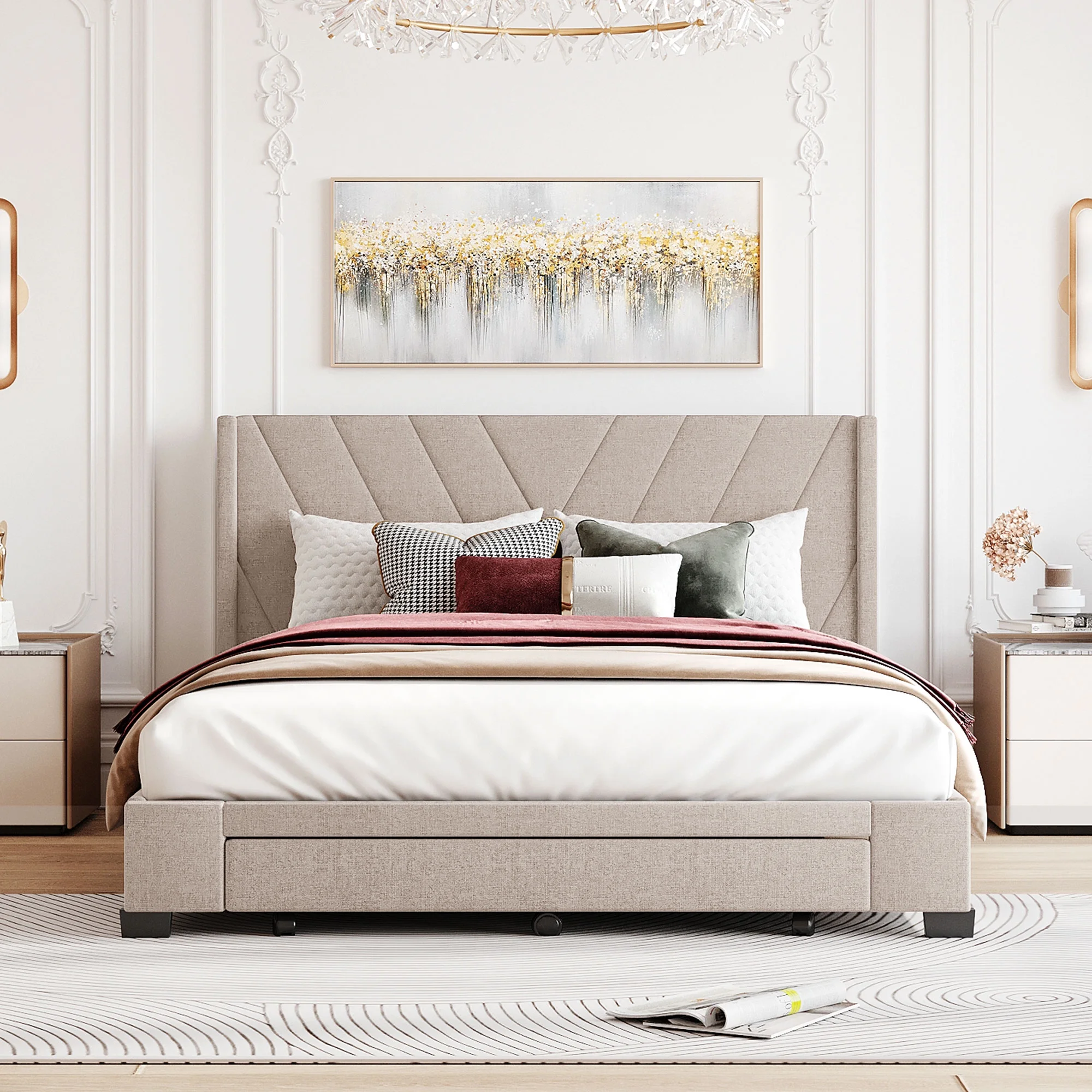 Queen Bed Frame with Storage, New Upgraded Linen Upholstered Platform Bed with 3 Drawers, Queen Size Storage Bed with Headboard and Wooden Slats, No Box Spring Needed, Holds 500lbs, Beige(White) - Image 2