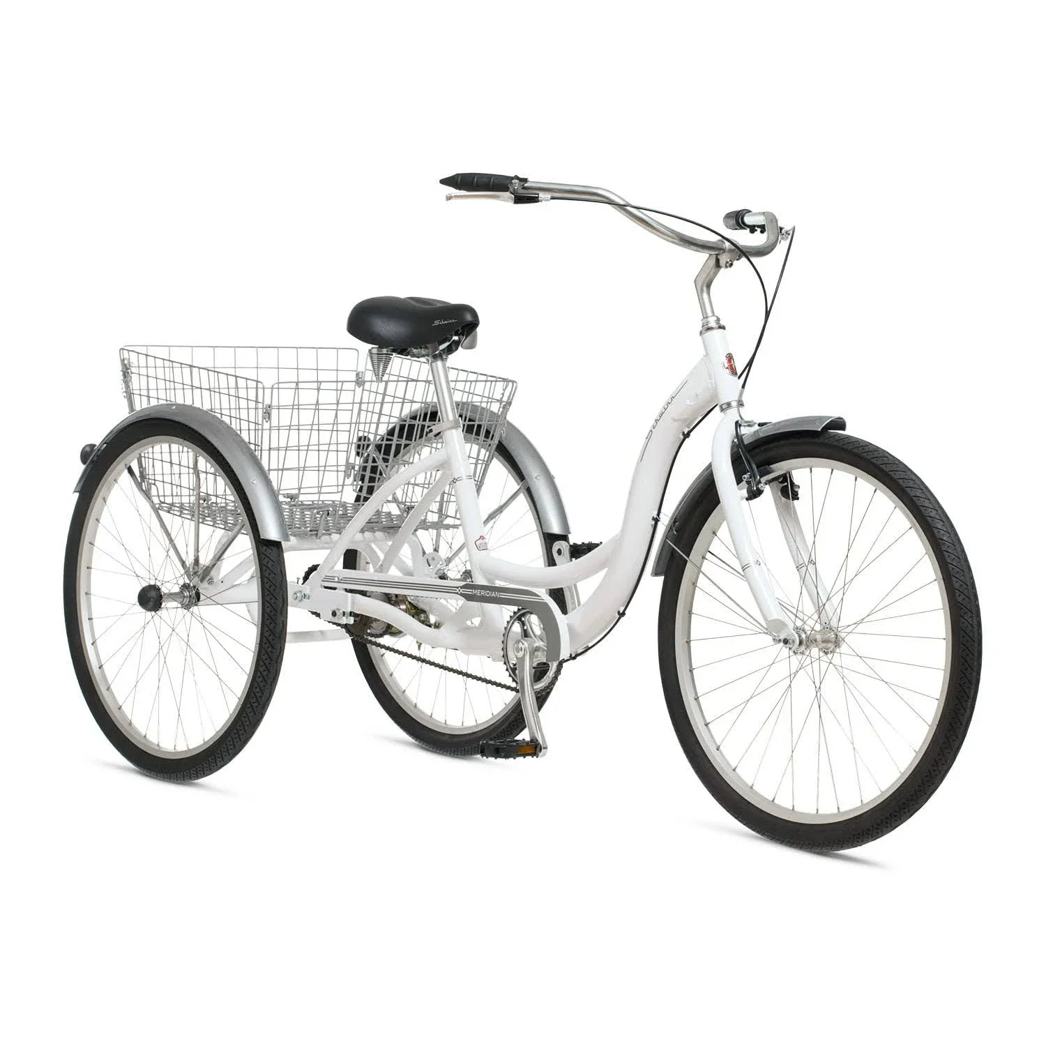 Tricycle Schwinn Meridian 2025 pour adultes (hommes et femmes), vélo de plage à trois roues, roues de 26 pouces, cadre bas, selle large, panier arrière pliable.