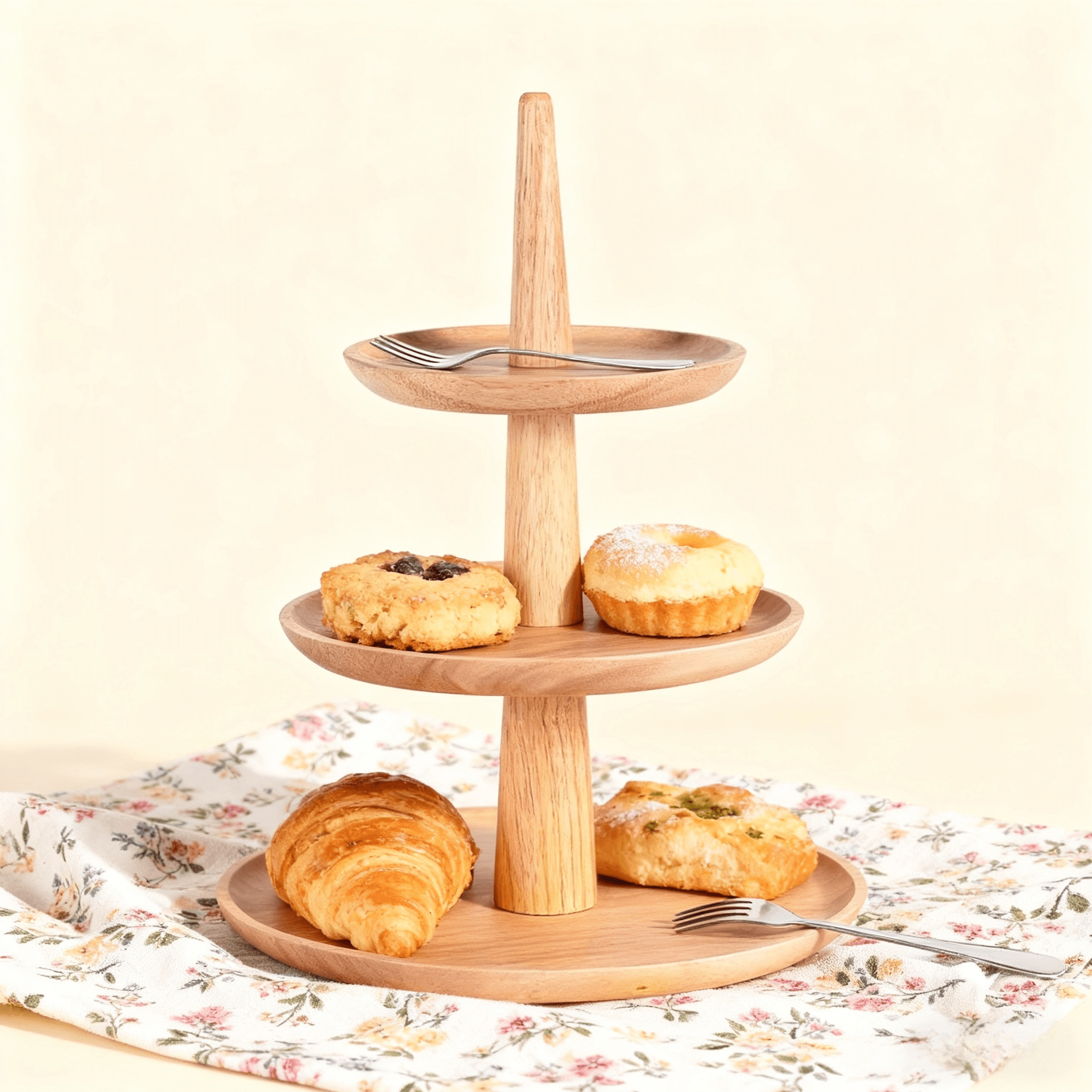 Solid Wood Three-Layer Plate for Hotel Buffet Multi-Level Fruit Snack Pastry Rack Storage Trays