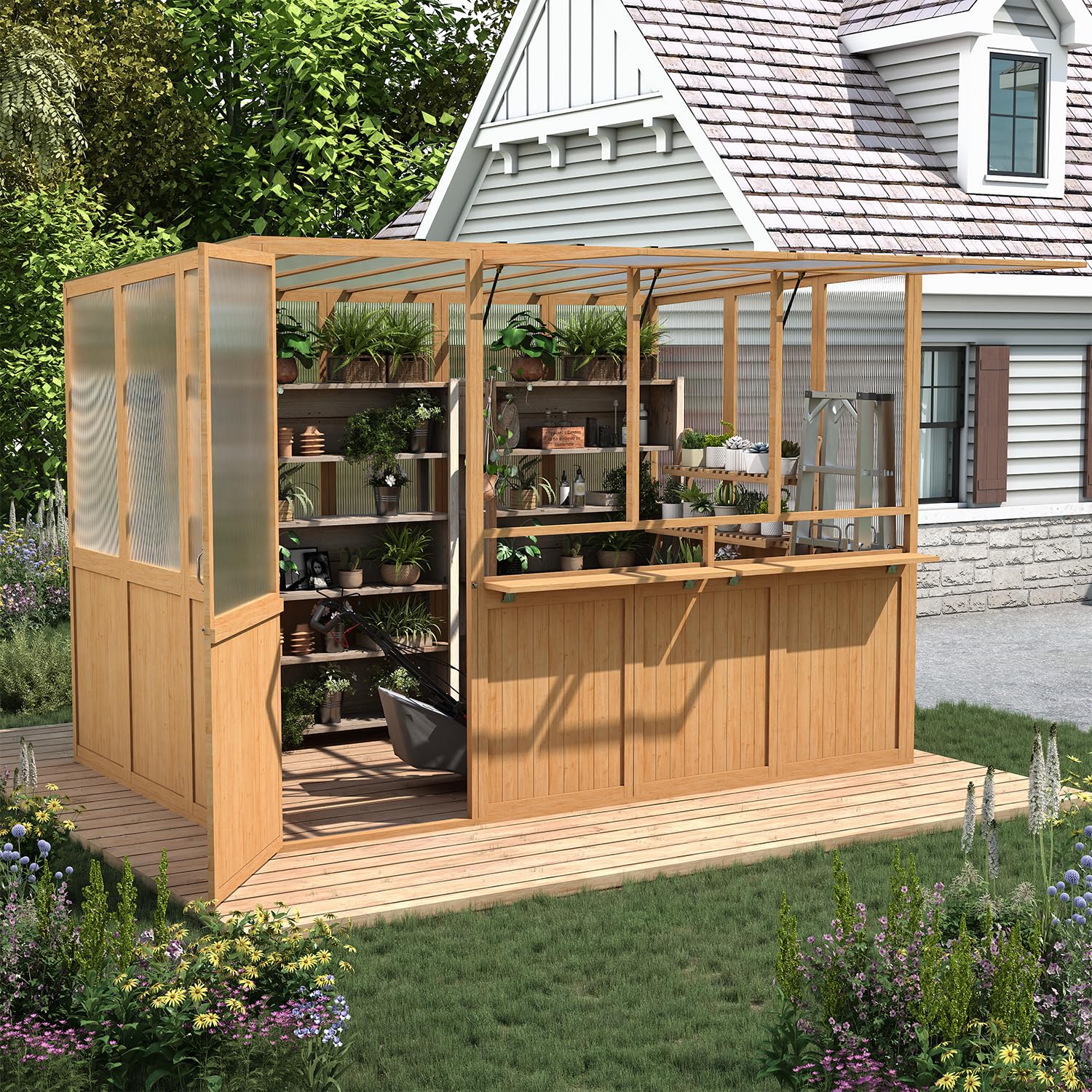 AECOJOY 6x10 FT Wood Greenhouse for Outdoors, Heavy Duty Lean-to Walk-in Greenhouse with Polycarbonate Panels
