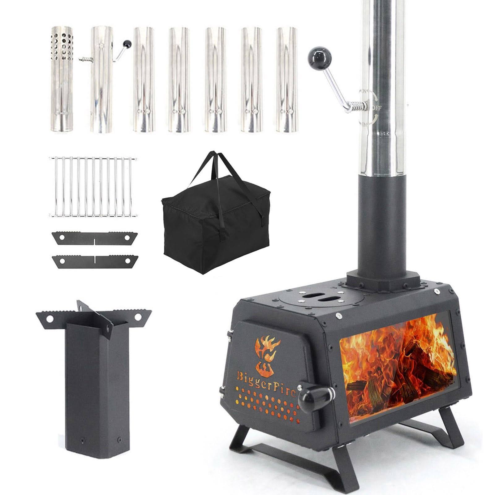 LEMVUZ Wood Burning Stove with Fire Window,Portable Hot Tent Stove with 7 Sectional Chimney Pipes,Sturdy Camping Wood Stove with X-Shaped Pot Holder