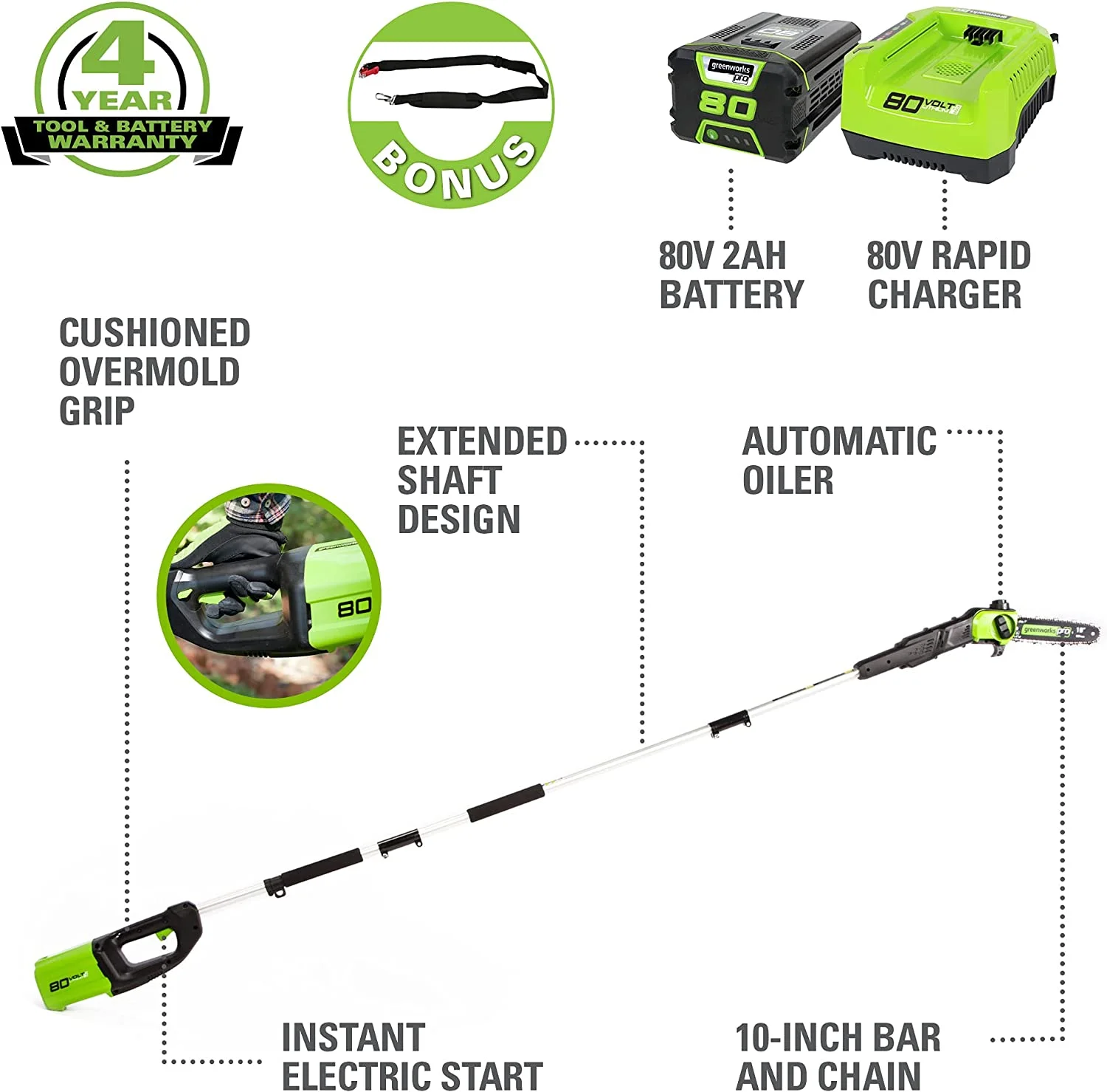 80V 10" Cordless Battery Pole Saw with 2.0Ah Battery Rapid Charger - Image 2