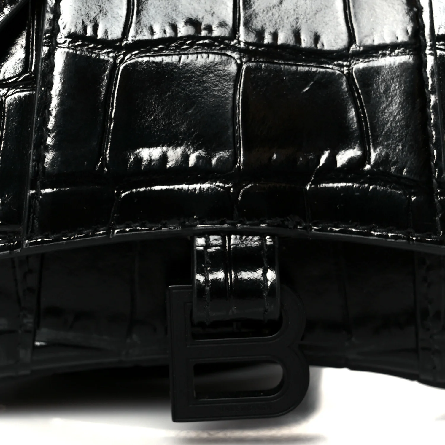 Shiny Calfskin Monochrome Crocodile Embossed Hourglass Top Handle Bag Mini Black