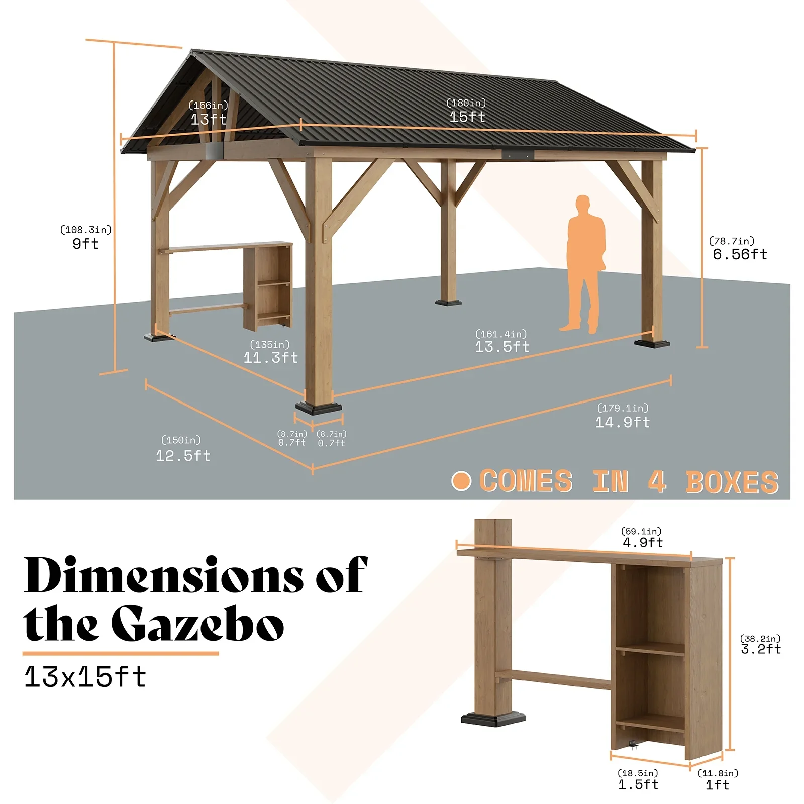 Jocisland Wood Gazebo 10'x12', Wind & Rain Resistant Design, Grill Gazebo for Garden, Backyard