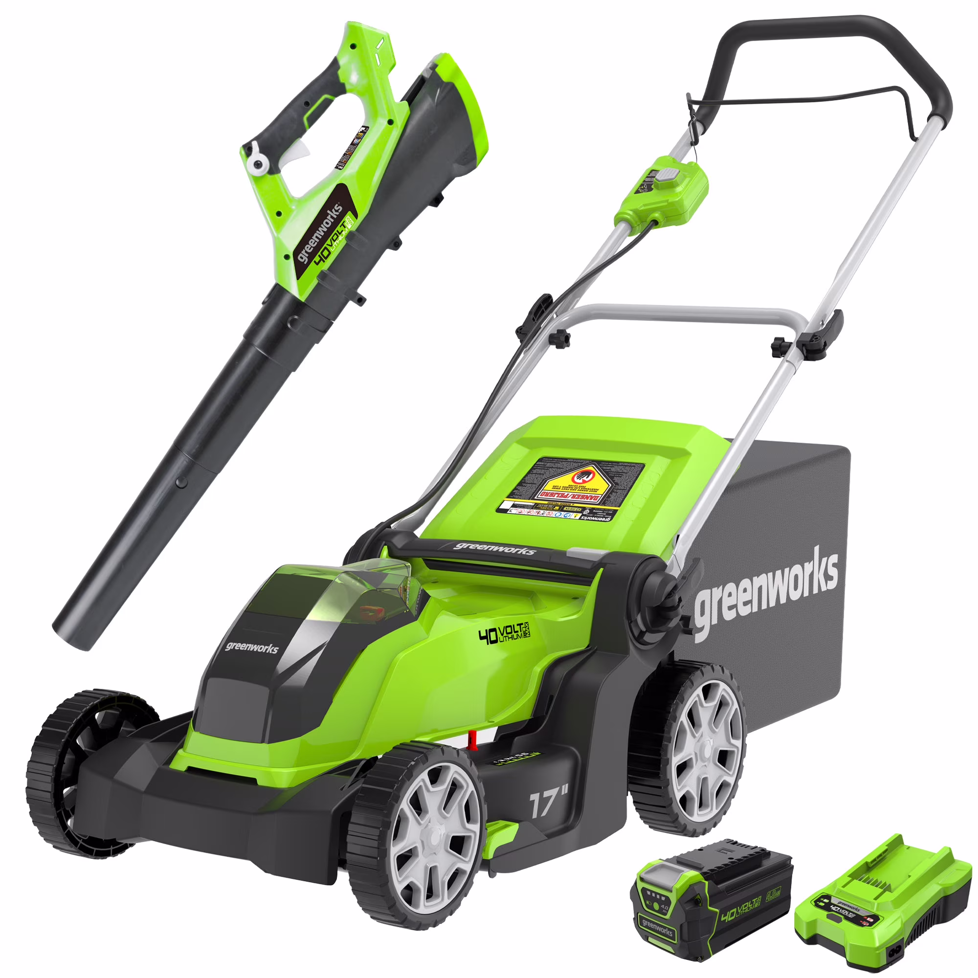 40V 17" Push Mower + Axial Brushless Blower, with 4.0Ah USB Battery Charger