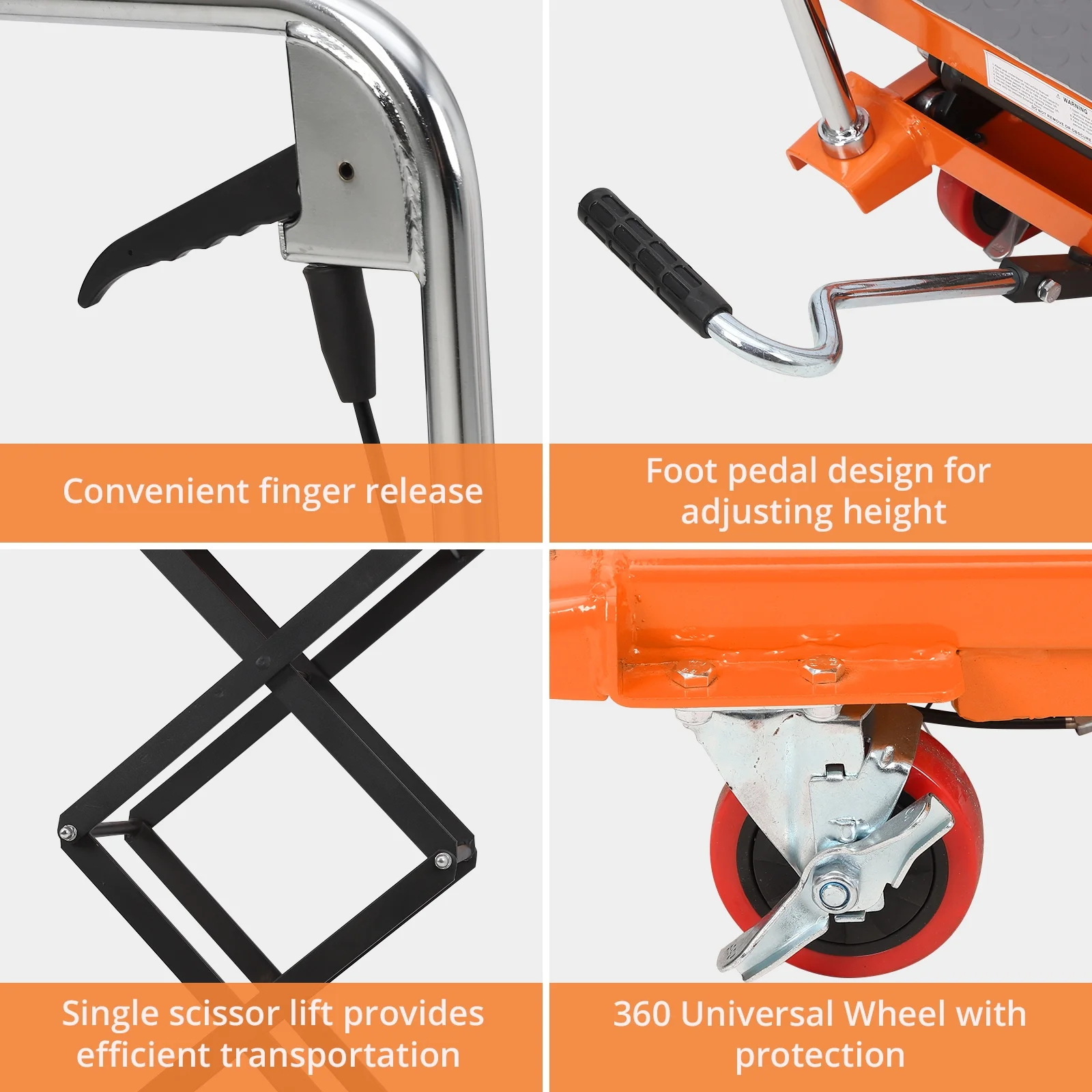Hydraulic Lift Table Cart 770 lbs Capacity, Adjustable Up to 59" Lifting Height, Manual Double Scissor Lift Table with 4 Wheels 3mm Non-Slip Pads for Safe Material Handling Transport, Orange - Image 4