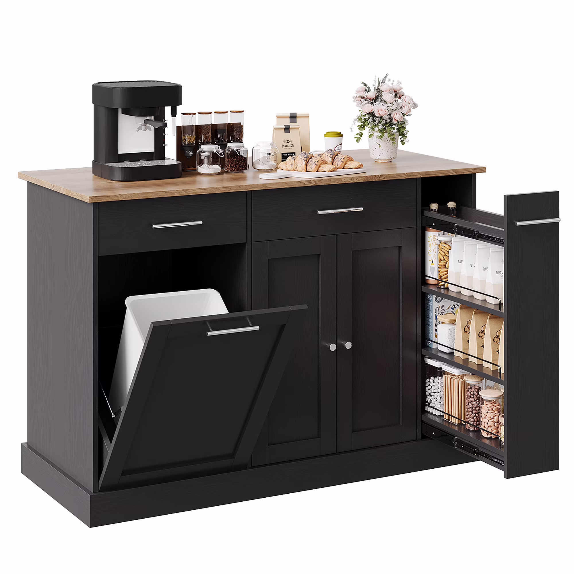 52" Kitchen Island with Storage, Rolling Kitchen Cart Island with Wheels, Tilt Out Kitchen Trash Cabinet 10 Gallon Storage, 3 Large Spice Racks and 2 Drawers, White(White) Image 3