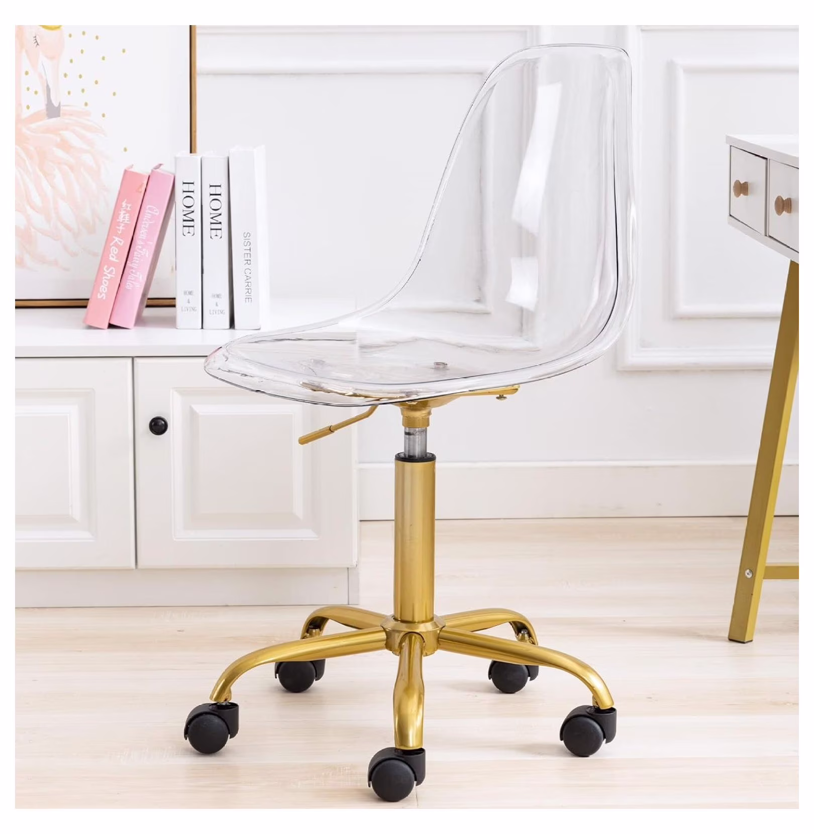 Clear Rolling Chair, Armless Desk Chair with Golden Feet Swivel Molded Plastic Shell Adjustable Home Office Chair with Wheels, Clear(Clear Golden Feet)