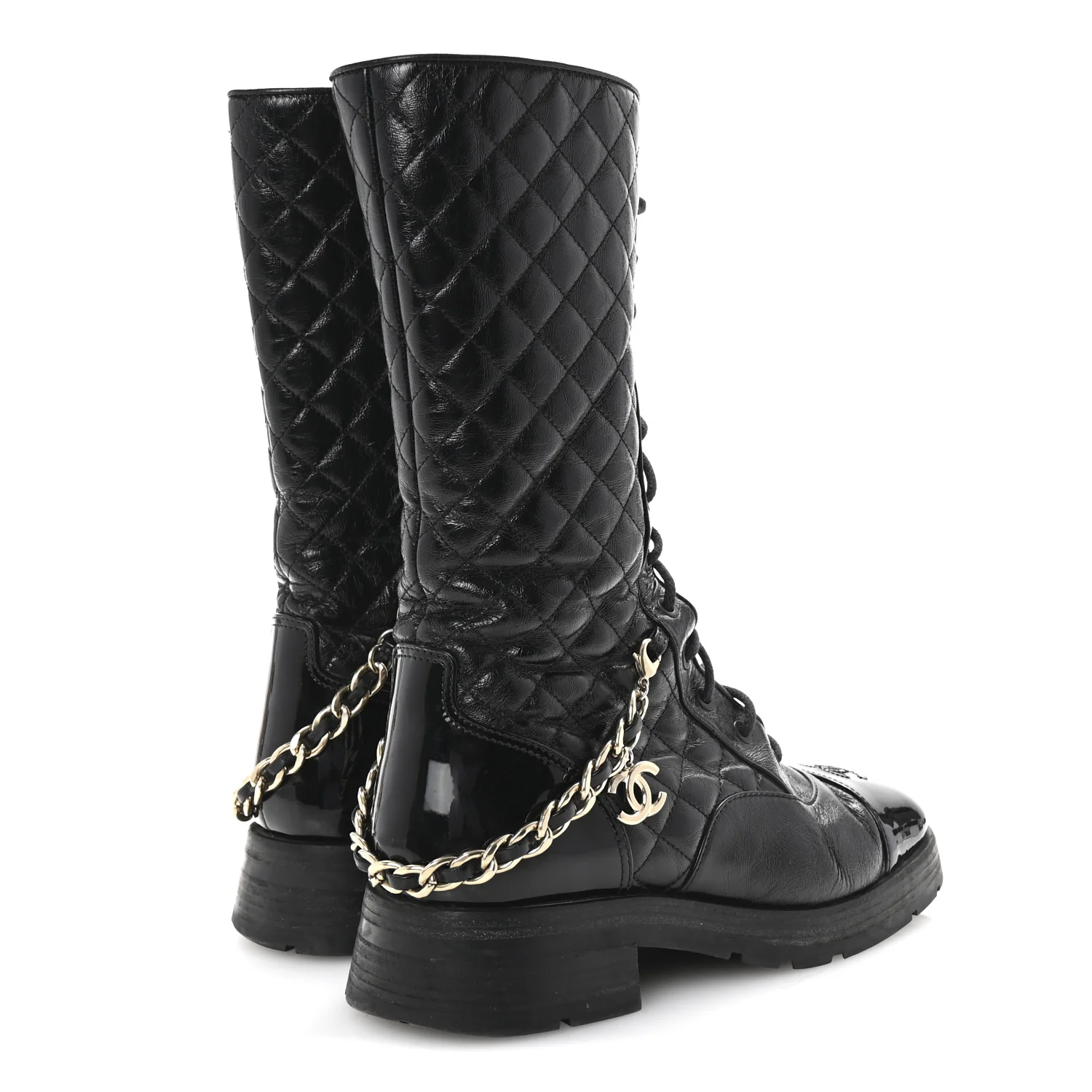 Shiny Calfskin Patent Quilted Chain Lace Up Combat Long Boots 38.5 Black