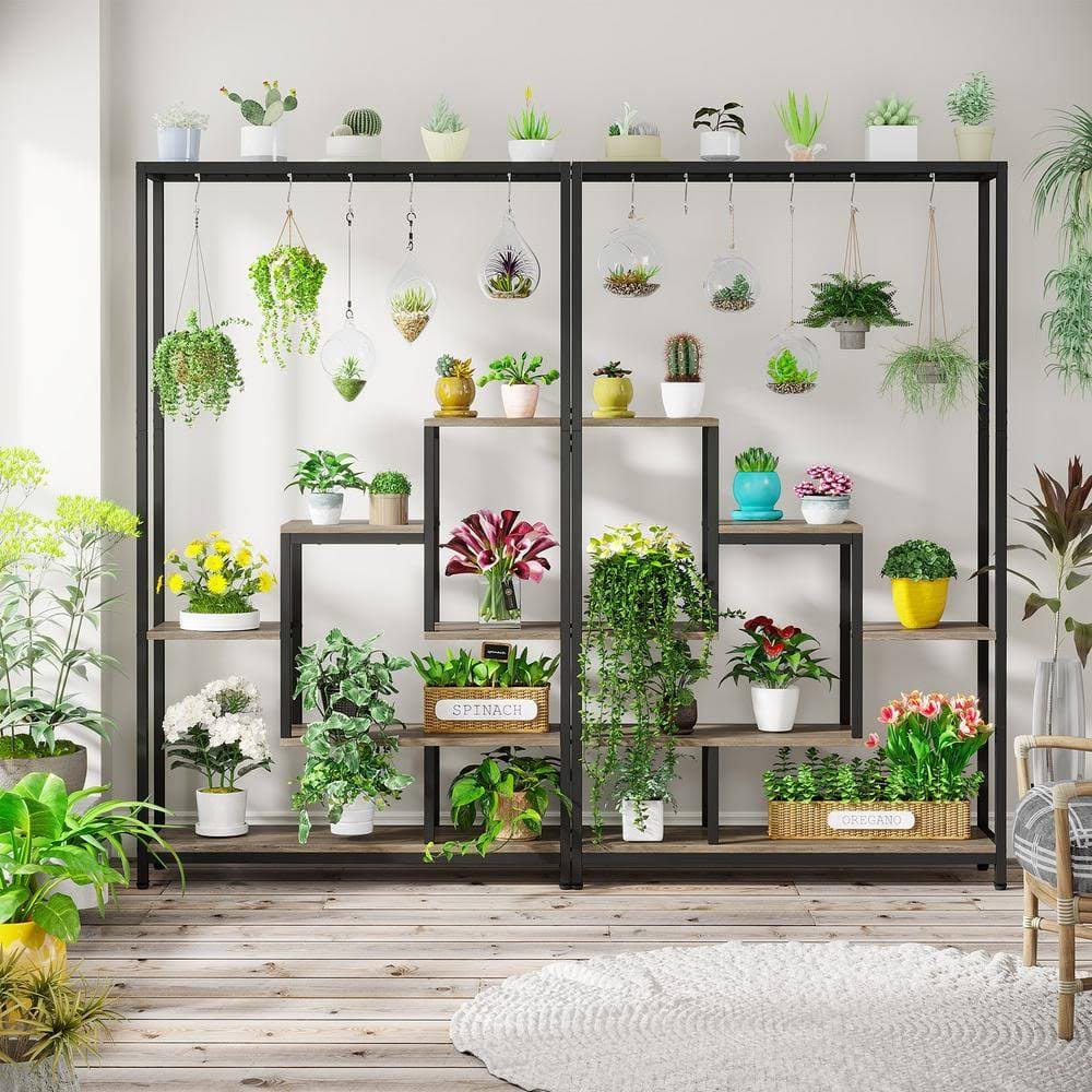 Wellston 70.86 in. Black & Gray 5-Tier Rectangle Wooden Indoor Plant Stand, Tall Flower Rack with 10-Hook