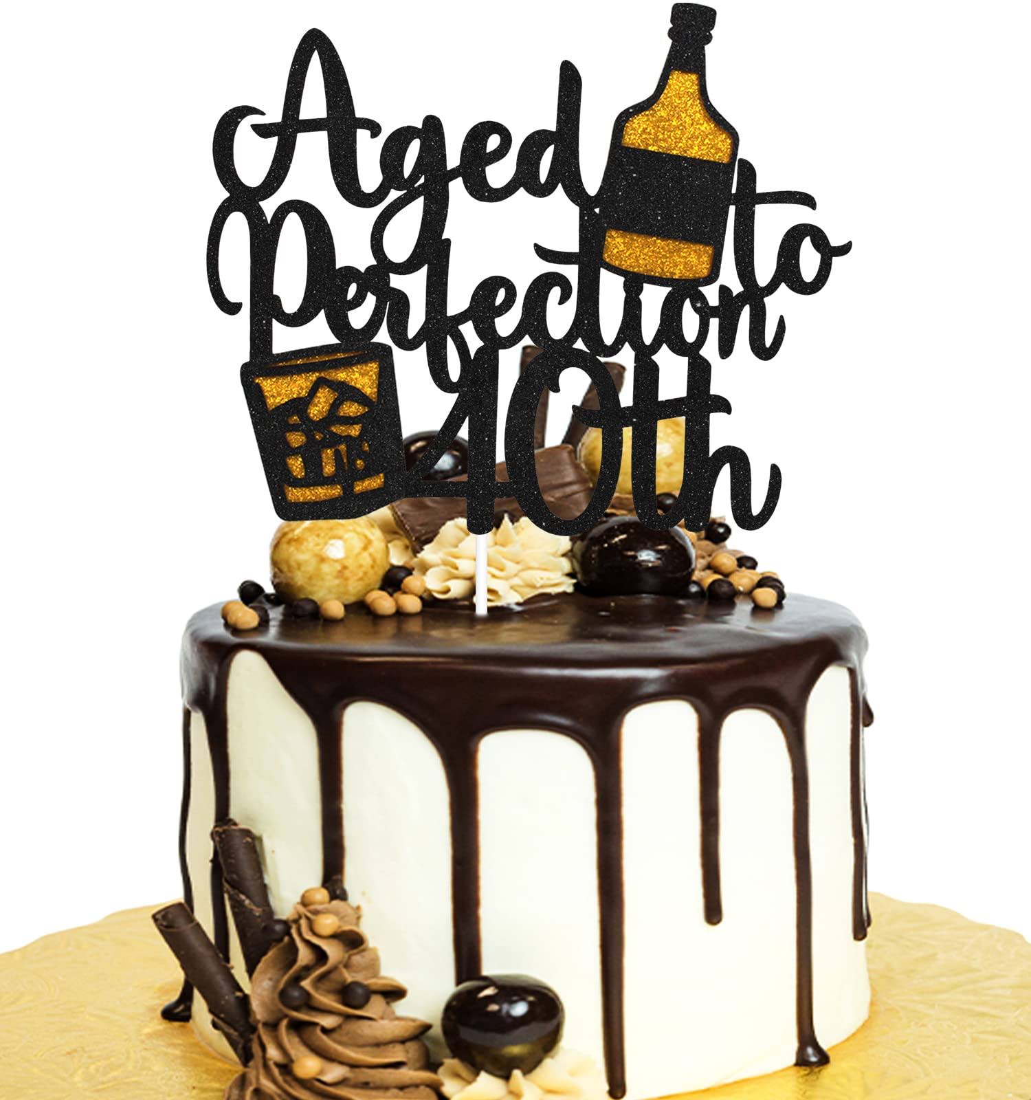 Aged to Perfection 40th Birthday Cake Topper - Whiskey 40th Birthday Black Glitter Cake Topper - Vintage 1983 Happy 40th Birthday Party Cake