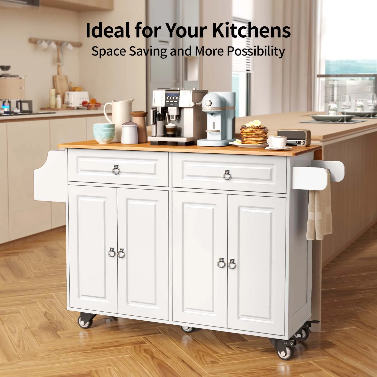 52-Inch Kitchen Island with Storage on Wheels with Wood Drop Leaf, Ideal for Small Kitchens(White) - Image 8