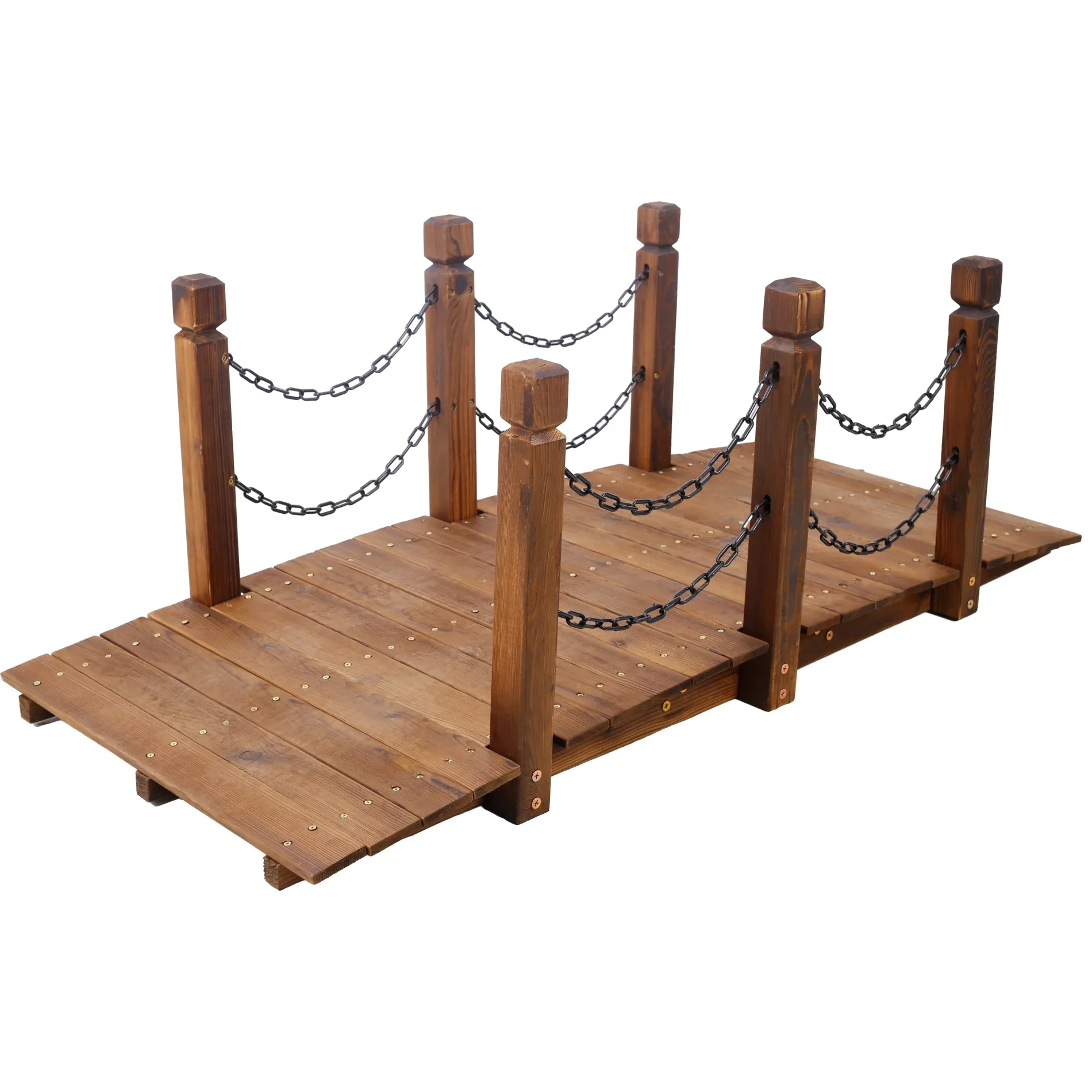 5 FT Wooden Garden Bridge, Stained Brown Arc Design with Chain Railings for Backyard Creek & Pond, 400 LB Weight Capacity, Easy Assembly Landscape Accent