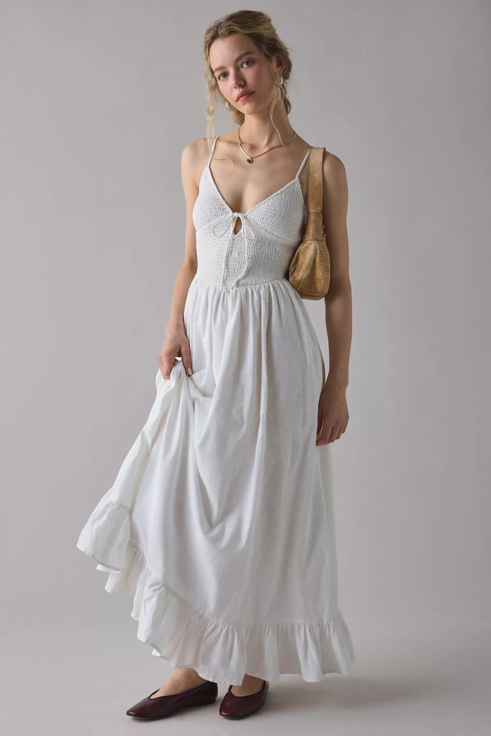 Kimchi Blue Keepsake Tie-Front Smocked Cotton Maxi Dress-Ivory