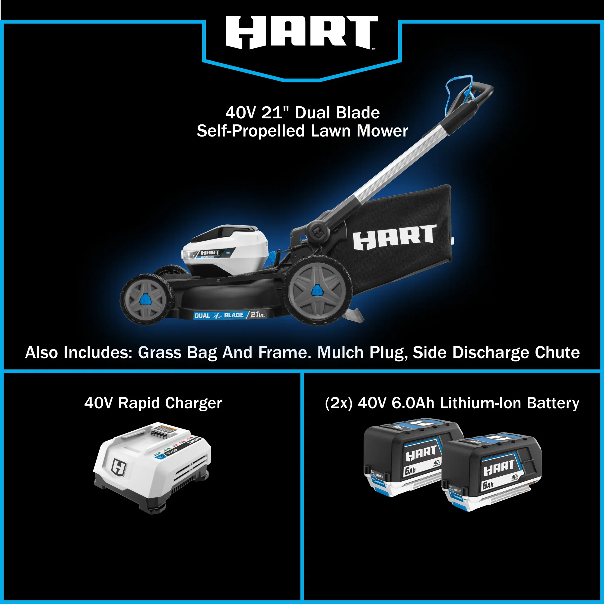 21-inch Supercharge Dual Blade Self-Propelled Mower Kit 40V two 6.0Ah Lithium-Ion Batteries - Image 8