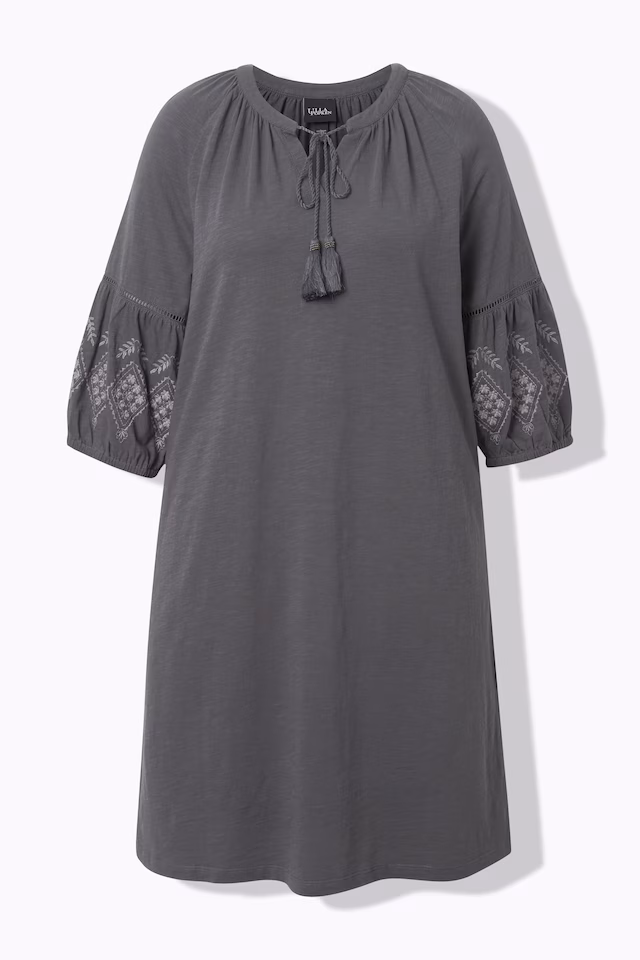 Embroidered Sleeve Split Neck Jersey Dress