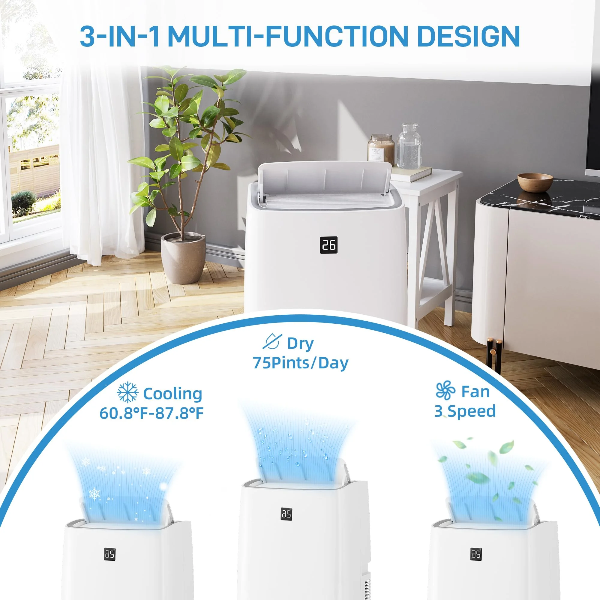 14000BTU Portable Air Conditioners Cool Up to 750 Sq.Ft, 4 in 1 Portable AC Unit with Remote Control/Dehumidifier/3 speeds fan/Sleep Mode for living room, bedroom, office - Image 3