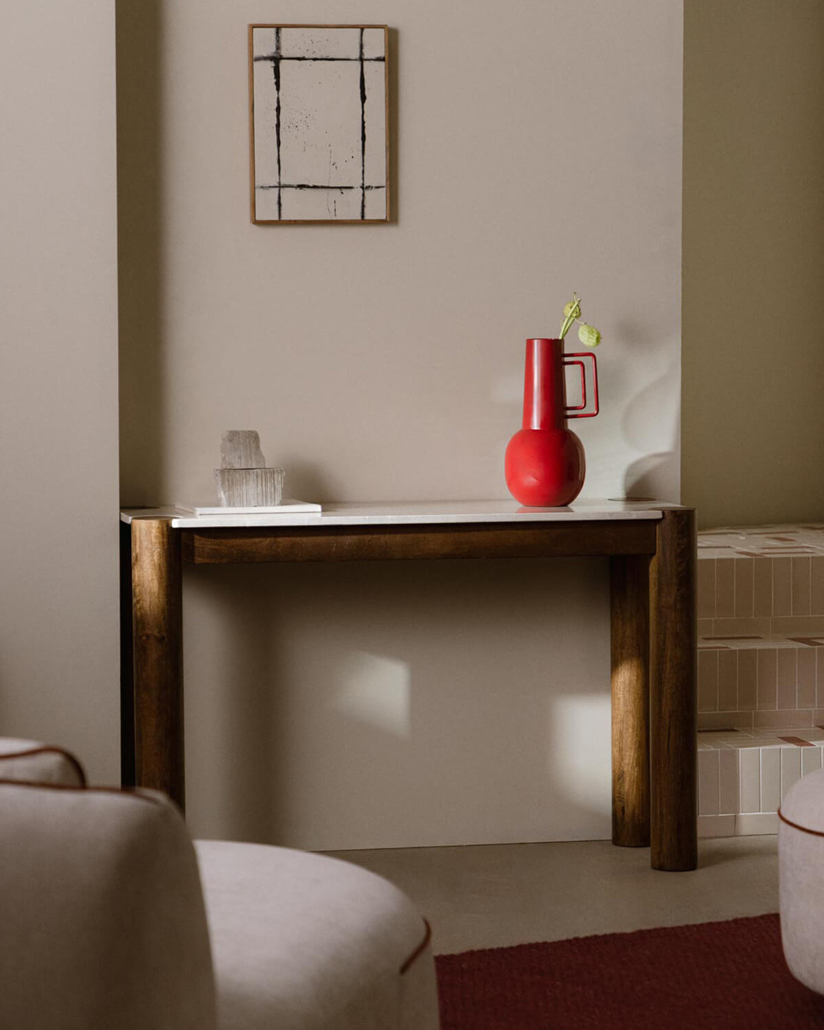 Dublin - Consola de Mármol Botticino y Madera de Mango (120x40 cm) Dublin