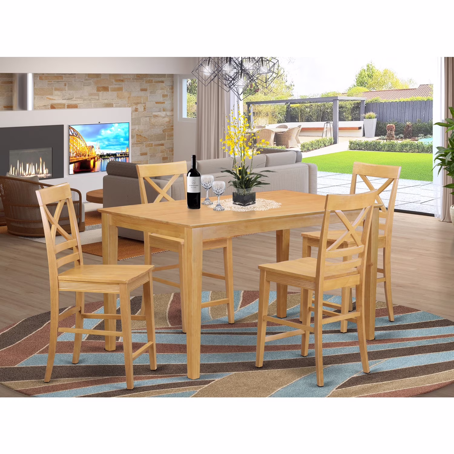 East West Furniture CAQU5H - OAK - W Capri Counter Height Pub Table & 4 Bar Stools, Oak