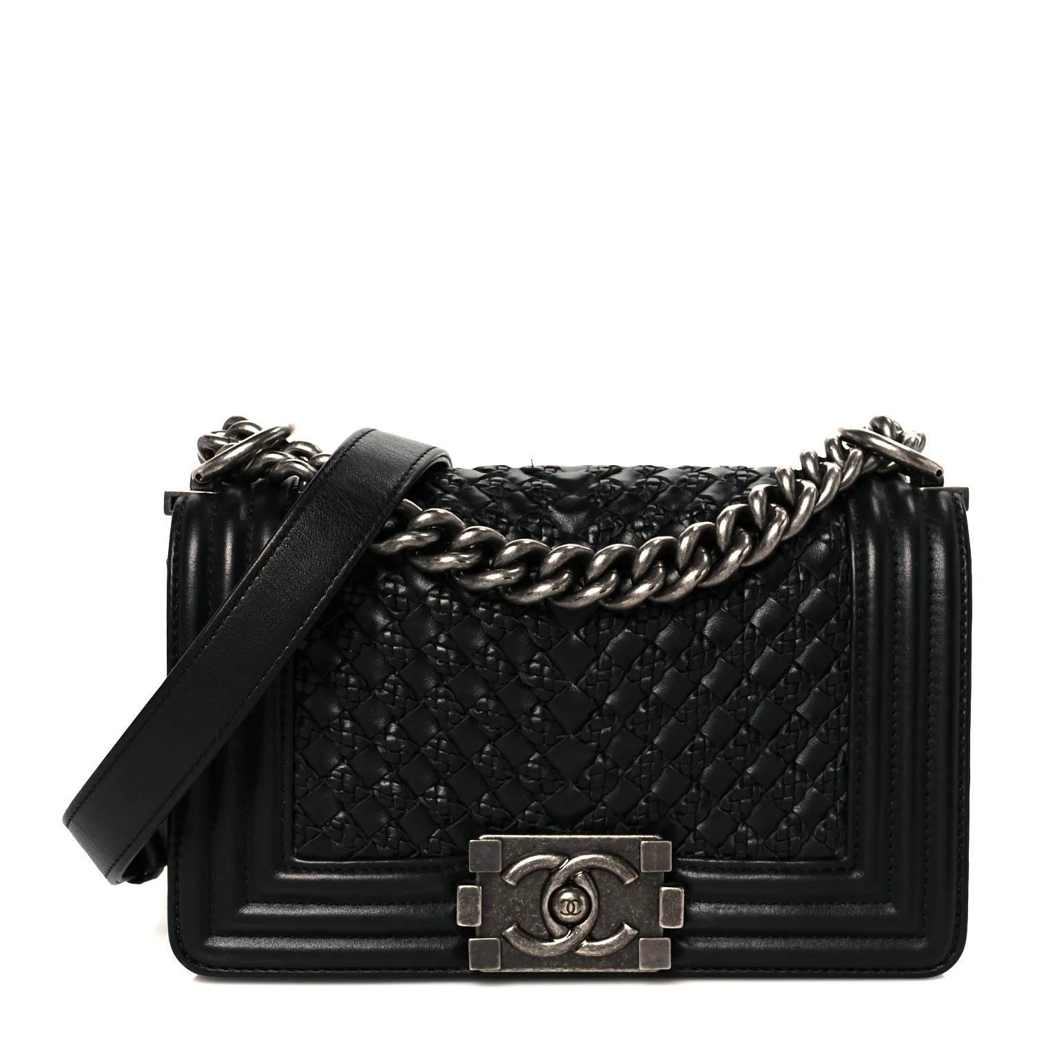 Lambskin Braided Woven Small Boy Flap Black