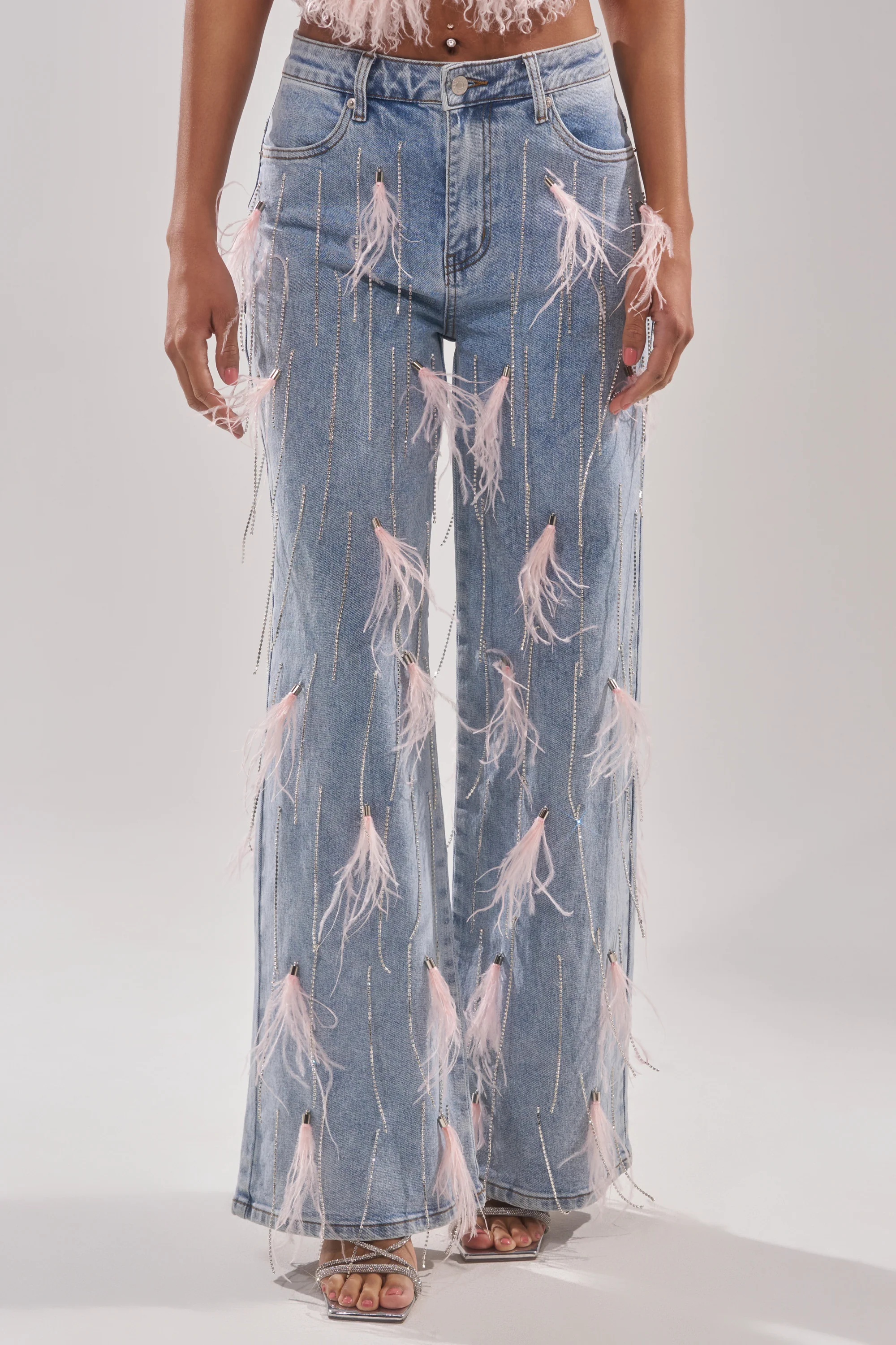 SHAKE IT FOR ME GIRL PINK FEATHER EMBELLISHED DENIM - Akira Store