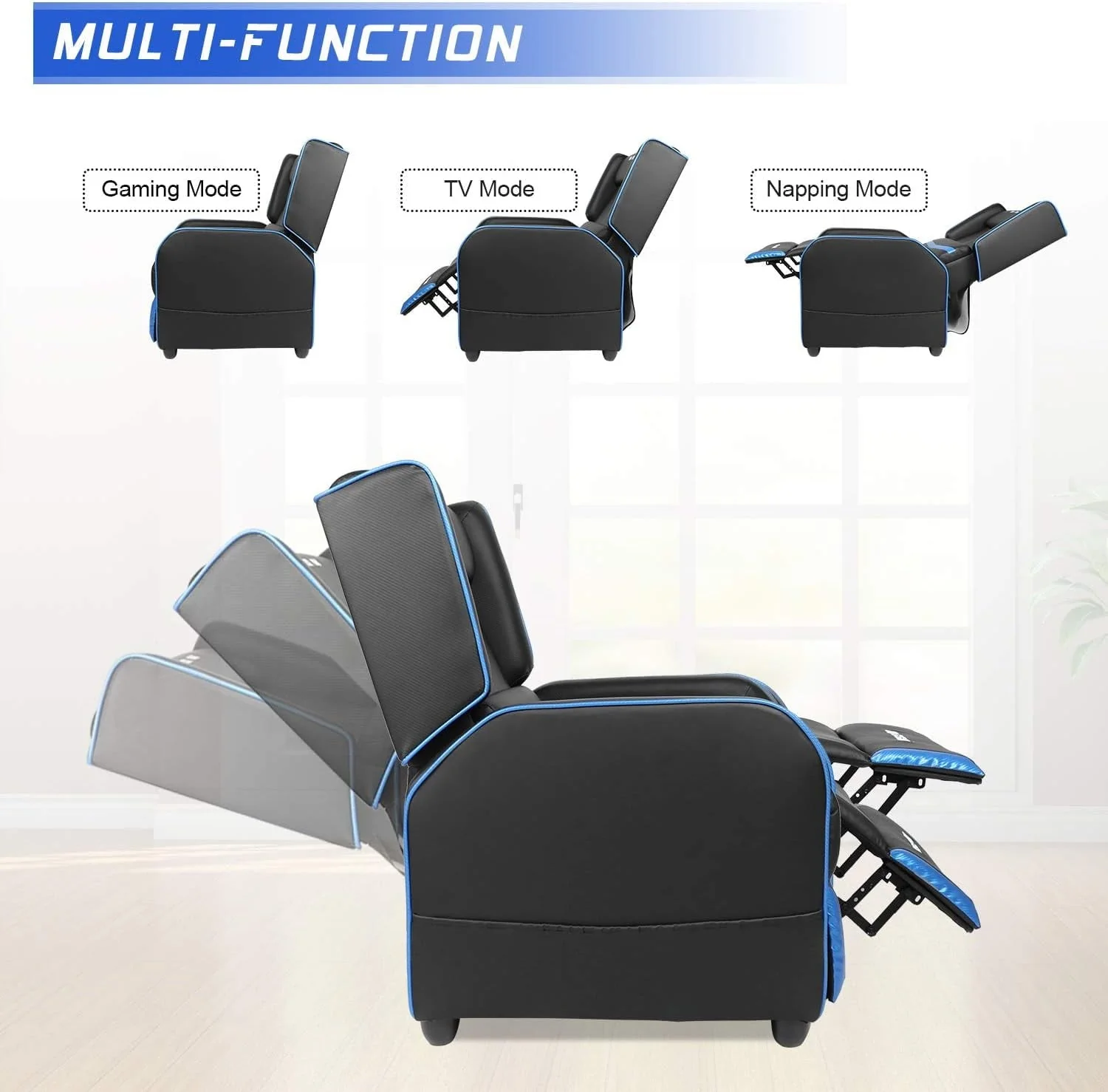 PUKAMI Gaming Recliner Chair for Adults 400lbs Racing Style Sofa Big and Tall PU Leather Recliner Seating Modern Ergonomic Lounge Recliner Chair Comfortable Home Movie Theater for Living Room(Blue) Image 8