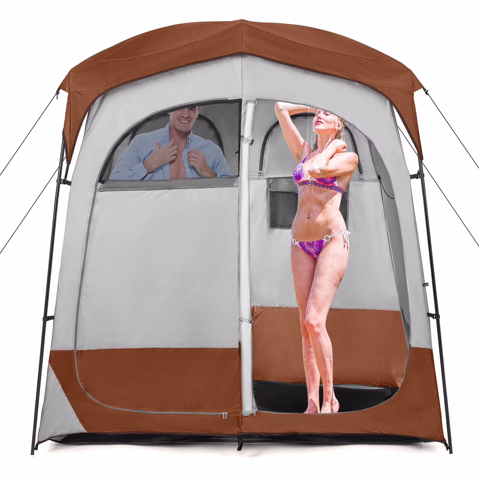 Double Room Shower Tent, Oversize Space Privacy Shelter for Camping with Floor, Portable Camping Changing Tent with Removable Rain Fly, Storage Bag for Dressing, Toilet,Brown(Blue)