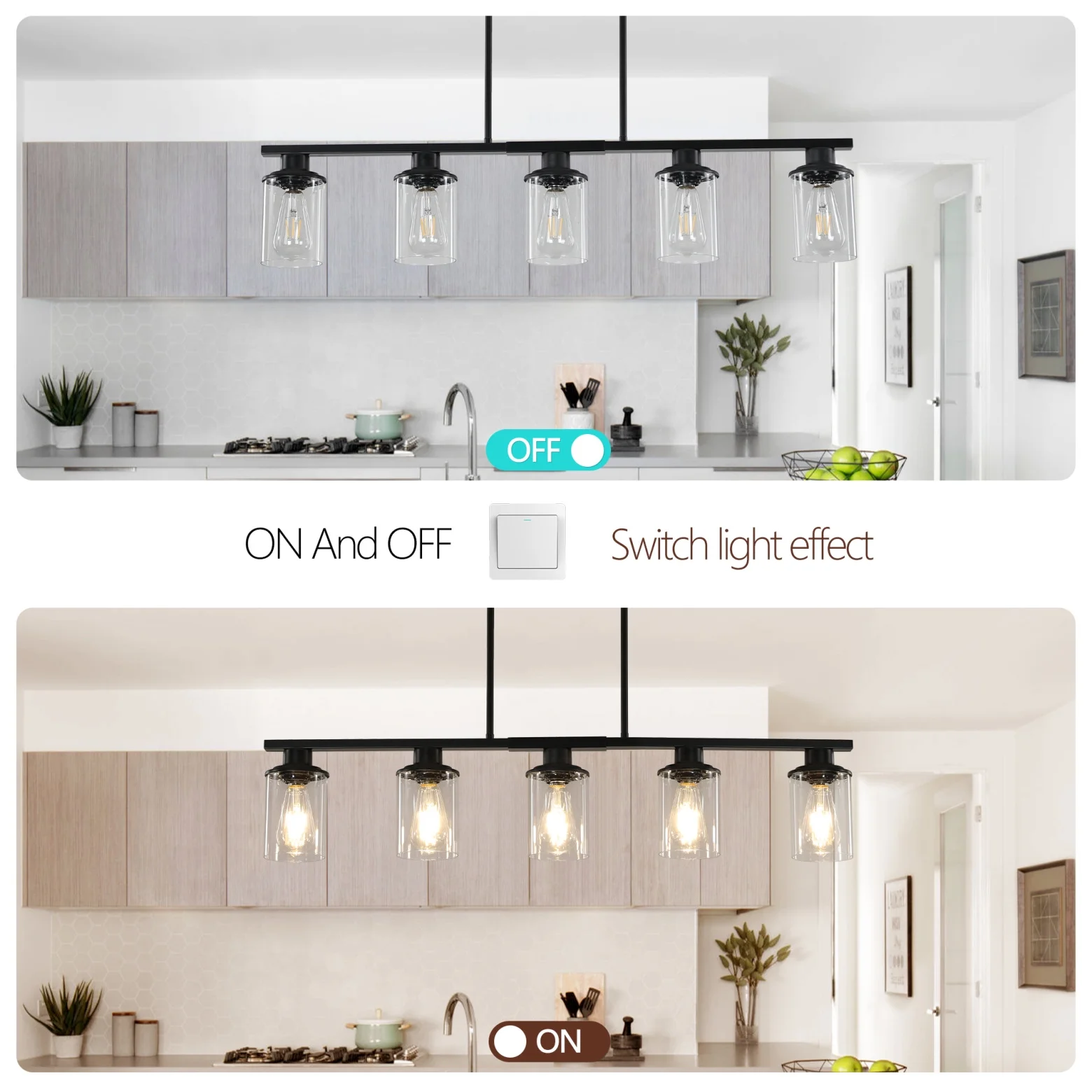 5-Light Kitchen Island Pendant Light, Farmhouse Industrial Chandeliers with Two Metal Rod Supports, Rectangular Island Lights for Kitchen, Living Room, Walnut/Black