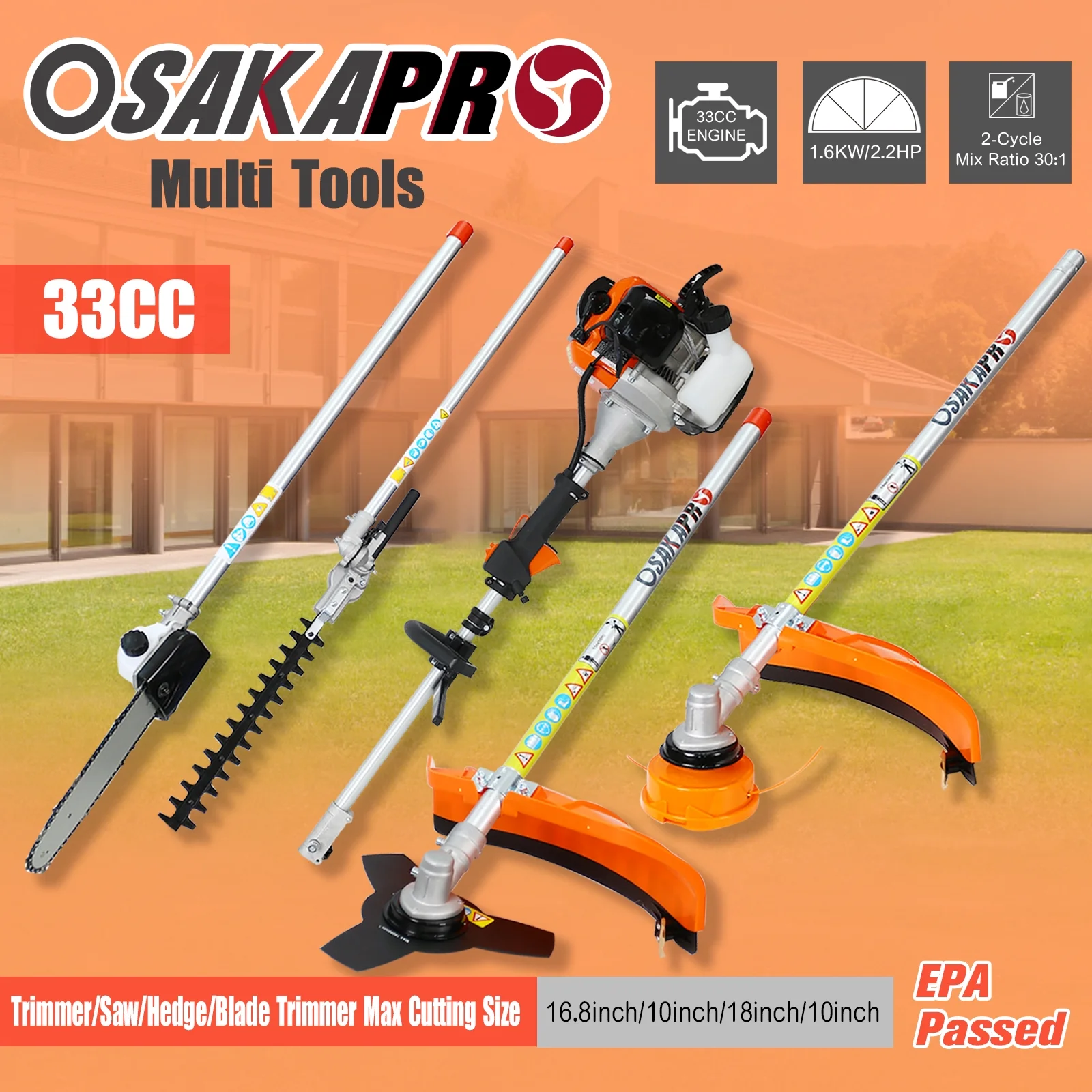 4 in 1 String Trimmer, Gas Powered Weed Eater Multi-Functional Trimming Tool for Lawn Care, 33CC 2-Cycle Grass Trimmer with Gas Pole Saw, Hedge Trimmer, Grass Trimmer, Brush Cutter, Orange(33CC 2-Cycle Gas Powered Weed Eater, Orange/Black) - Image 2