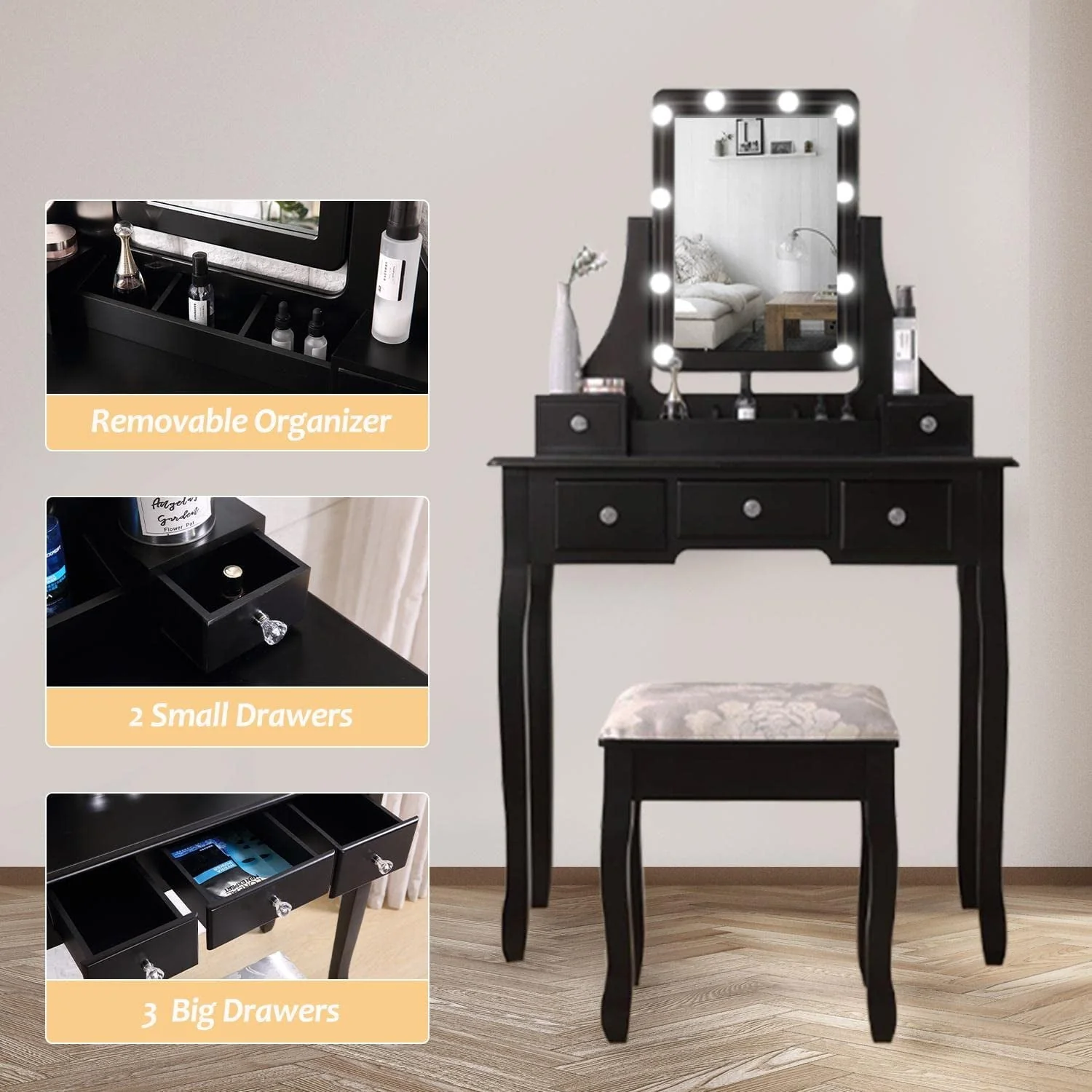 VEANERWOOD Makeup Vanity Table with 10 LED Lights, Lighted Mirror Vanity Desk with Cushioned Stool Set, 5 Drawers and 2 Shelves, Bedroom Dressing Vanity, Luxurious, Black