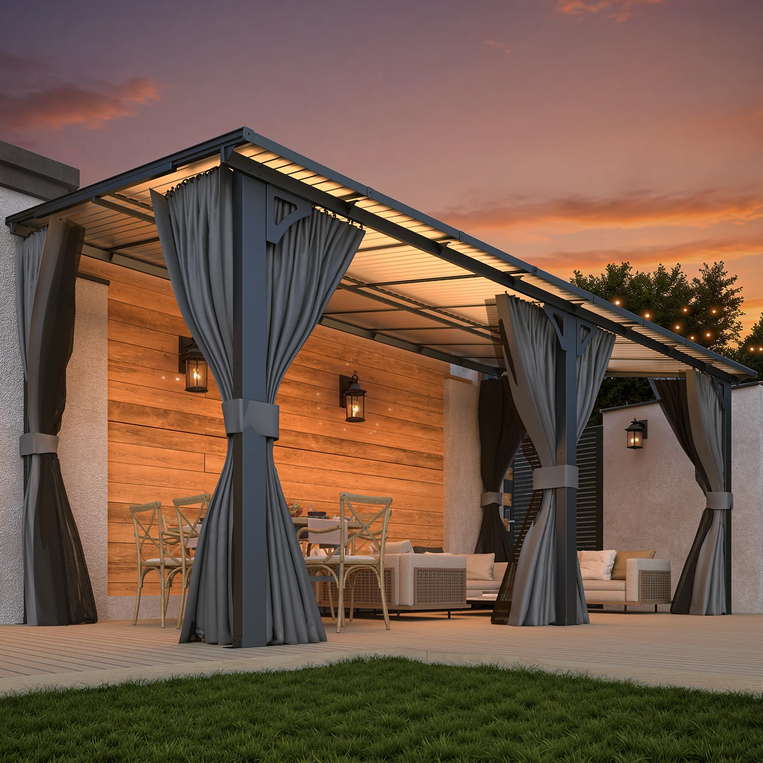 AECOJOY 16'x8' Wall Gazebo with Curtains and Mosquito Netting, Gray