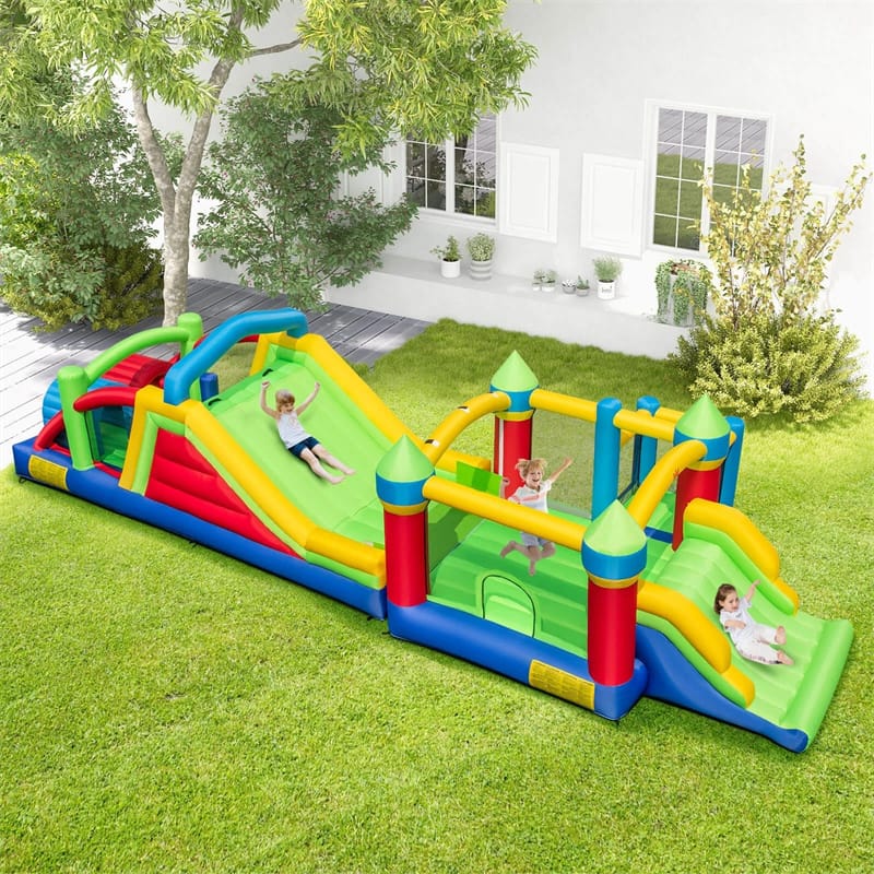 Inflatable Obstacle Course Bounce House w/ Dual Slides, Tunnels & Bounce Area, Huge Sectional Bouncy Castle for Big Kids Backyard
