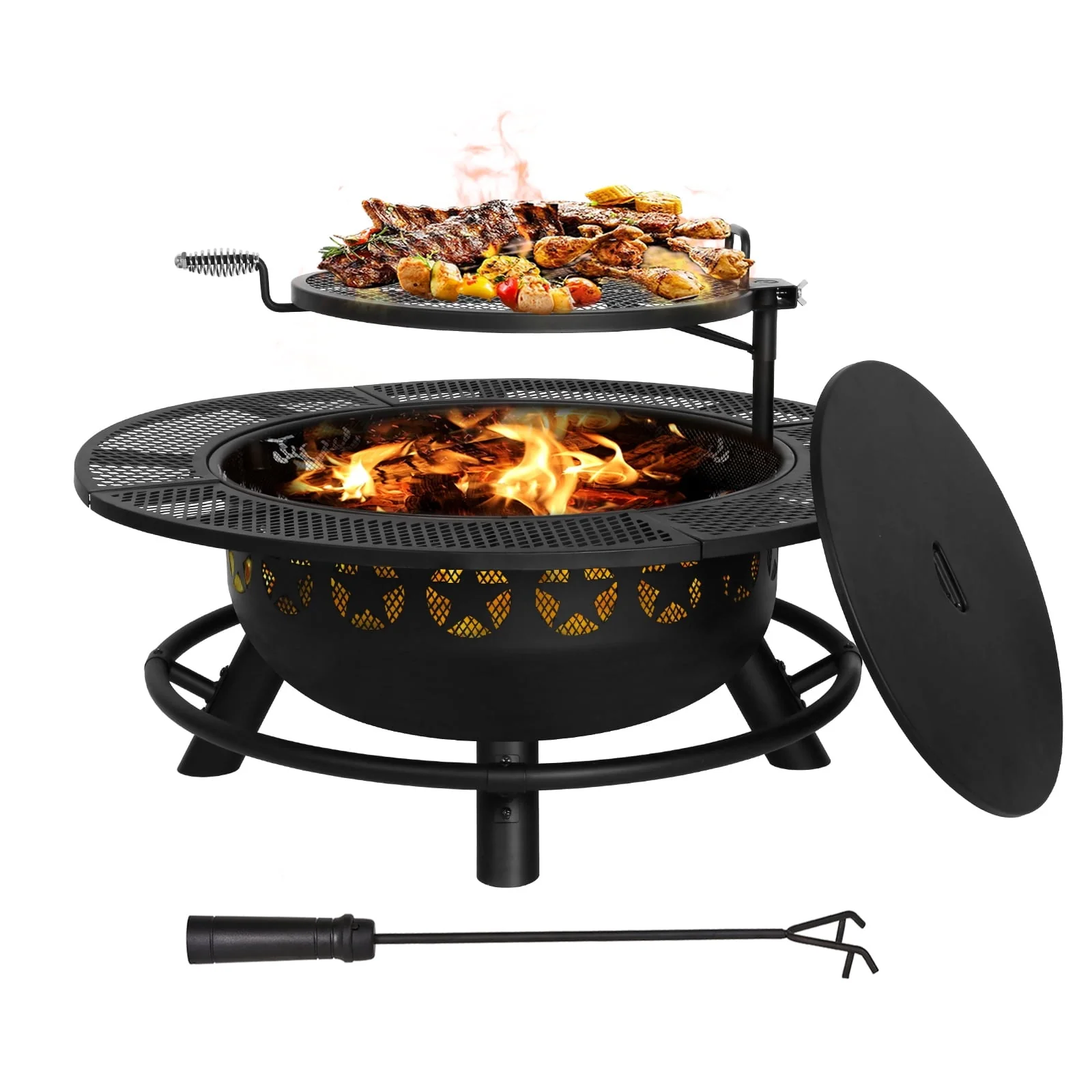 Hykolity 35 Inch Fire Pit with Cooking Grate Charcoal Pan, Outdoor Wood Burning BBQ Grill Firepit Bowl with Cover Lid, Steel Round Table for Backyard Bonfire Patio Picnic Image 6