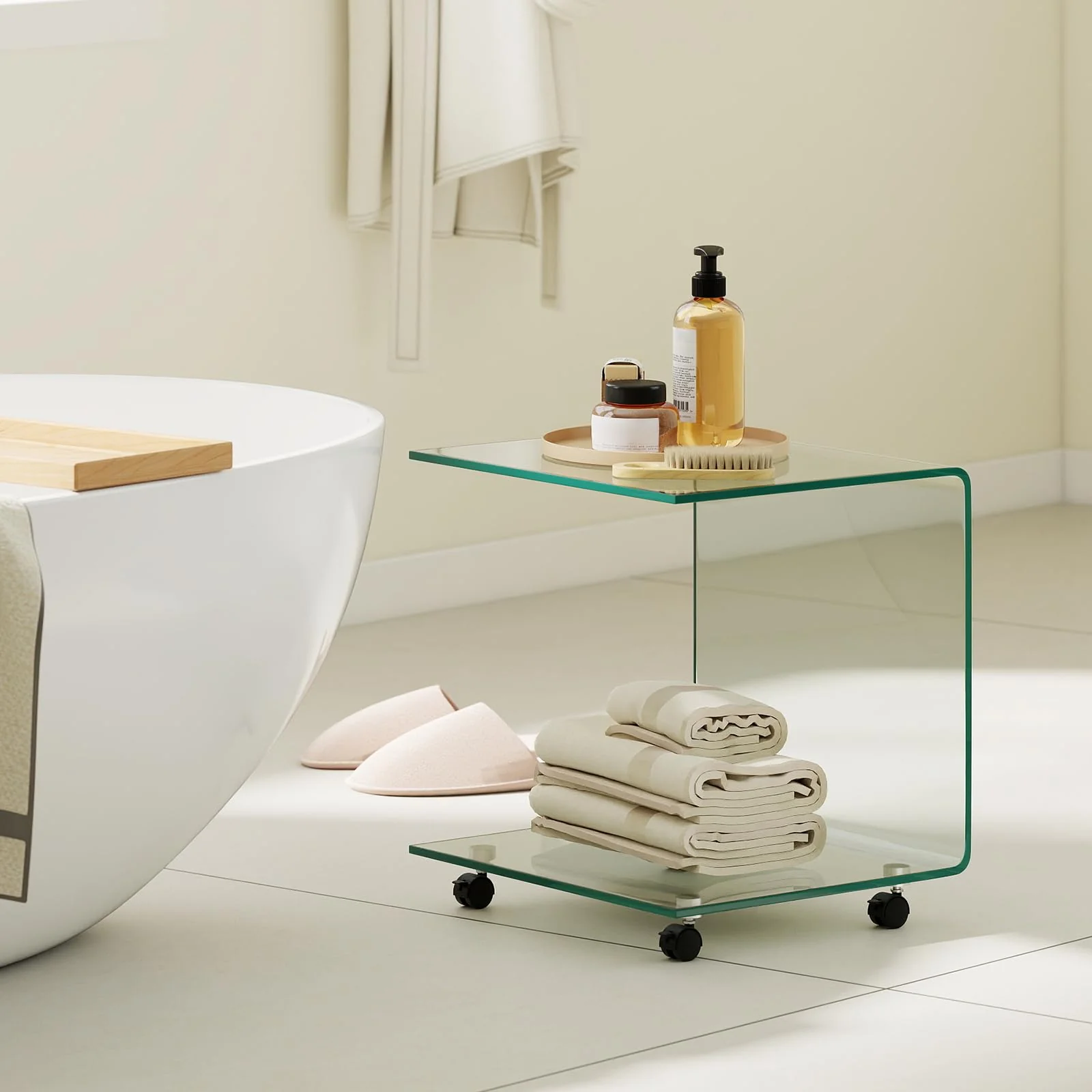 Tangkula Modern C-Shaped Tempered Glass Side Table