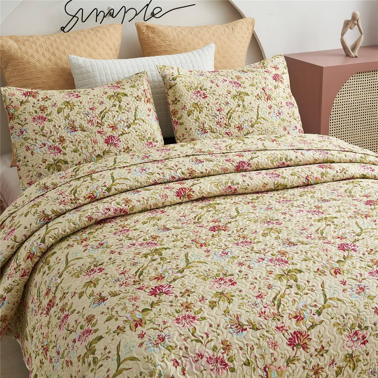 3-Piece Printed Reversible Bedding Quilt Set - Vintage Floral - Queen